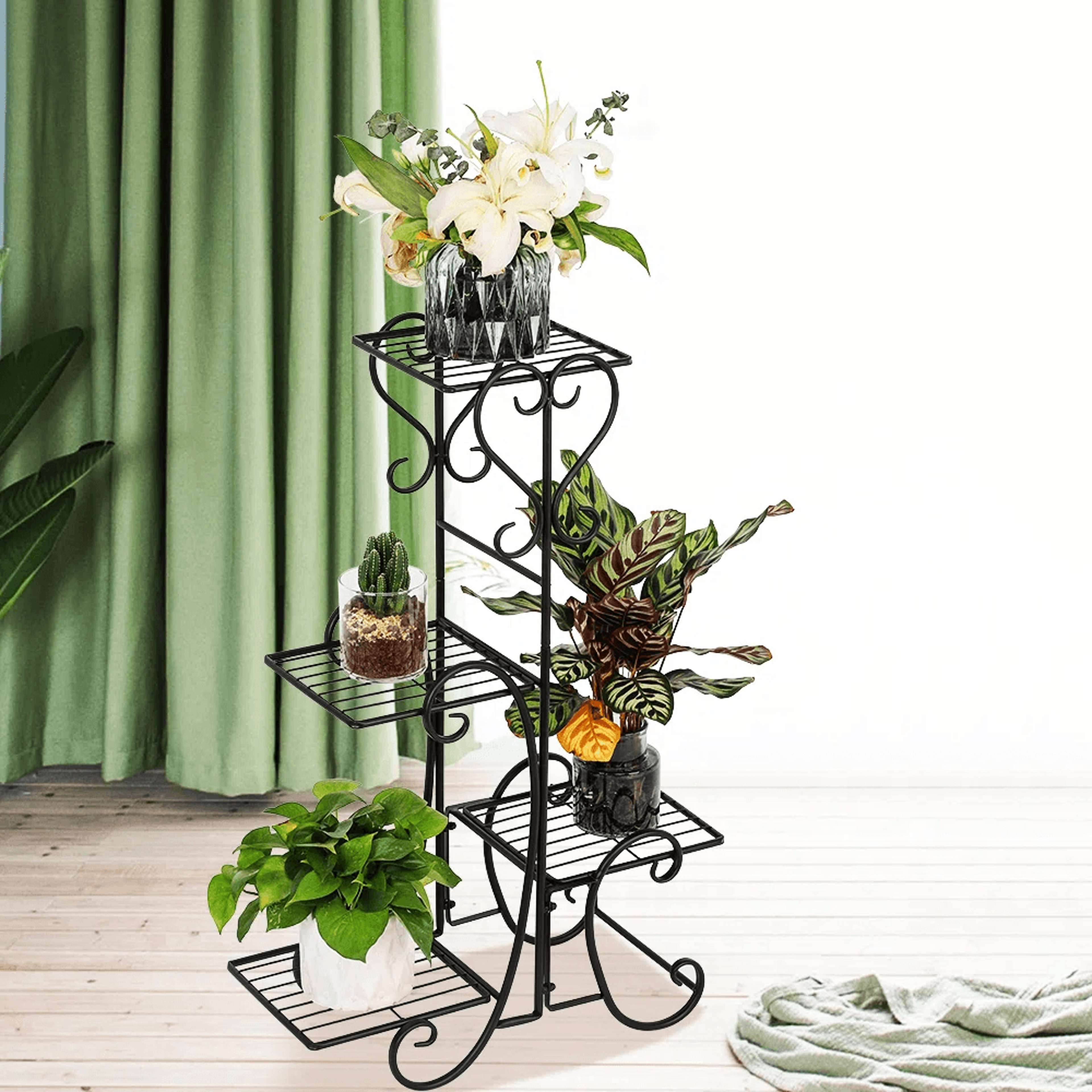 4 Tier Black Metal Plant Stand With Decorative Shelves 0