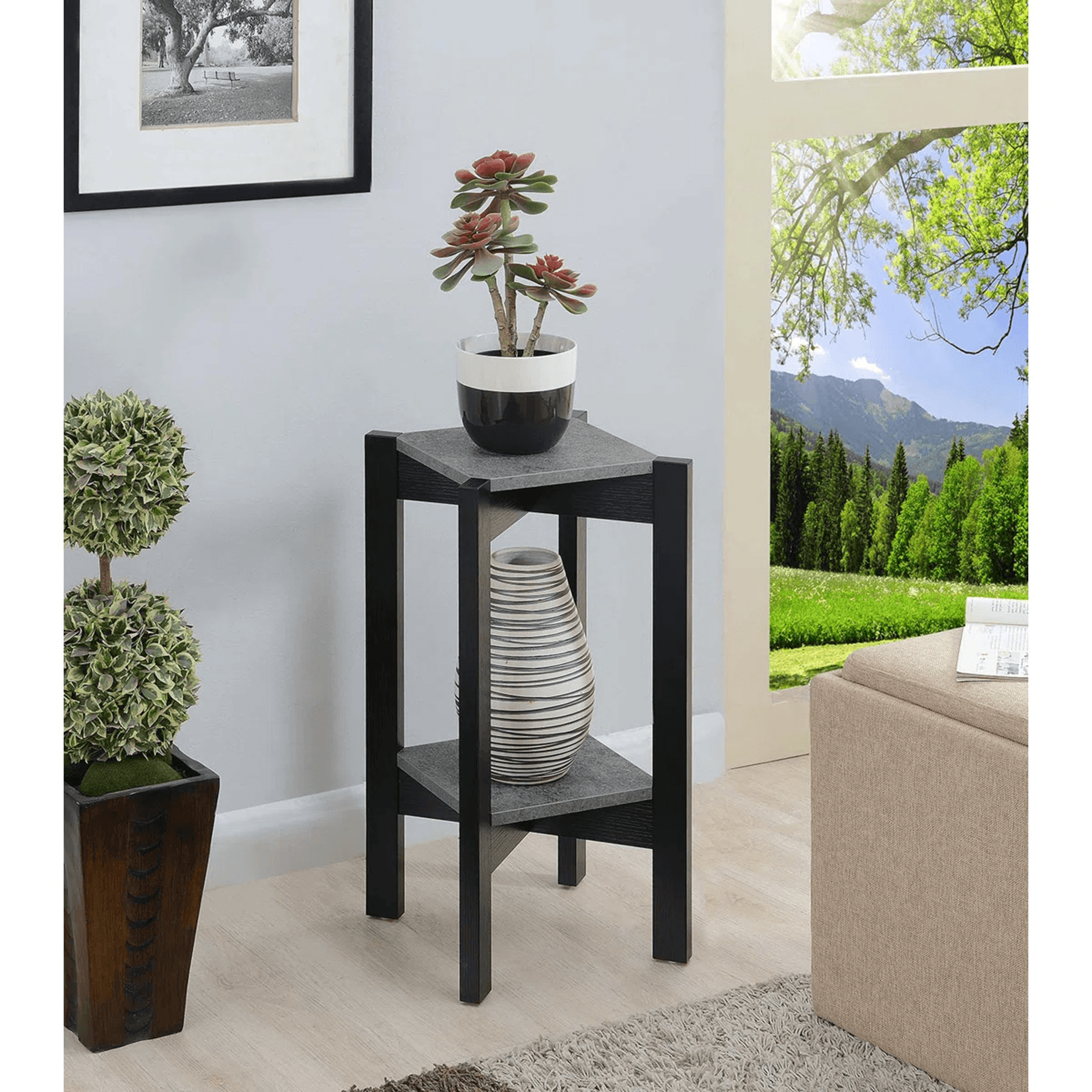 2 Tier Plant Stand With Faux Cement Finish And Square Shelves 4