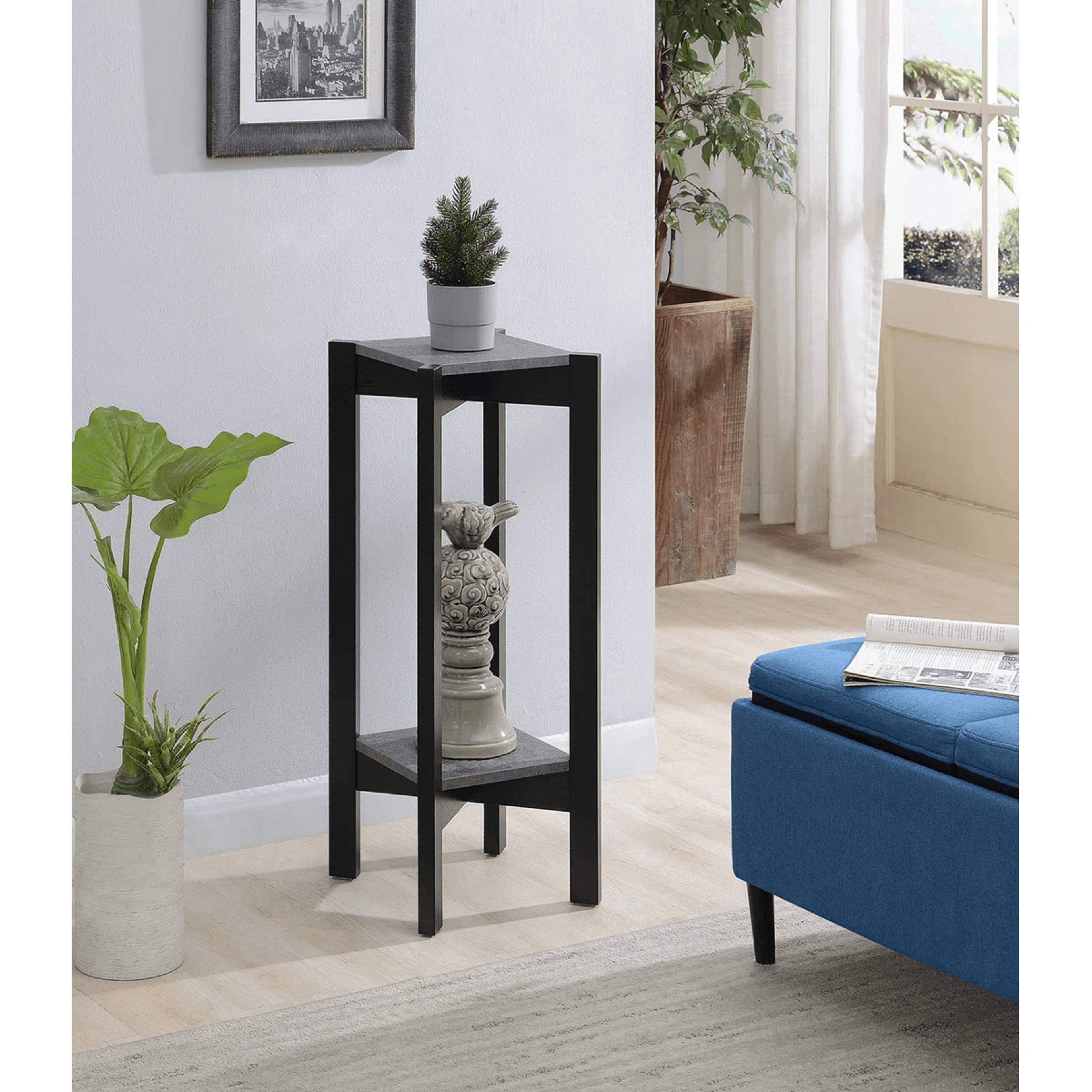 2 Tier Plant Stand With Faux Cement Finish And Square Shelves 0