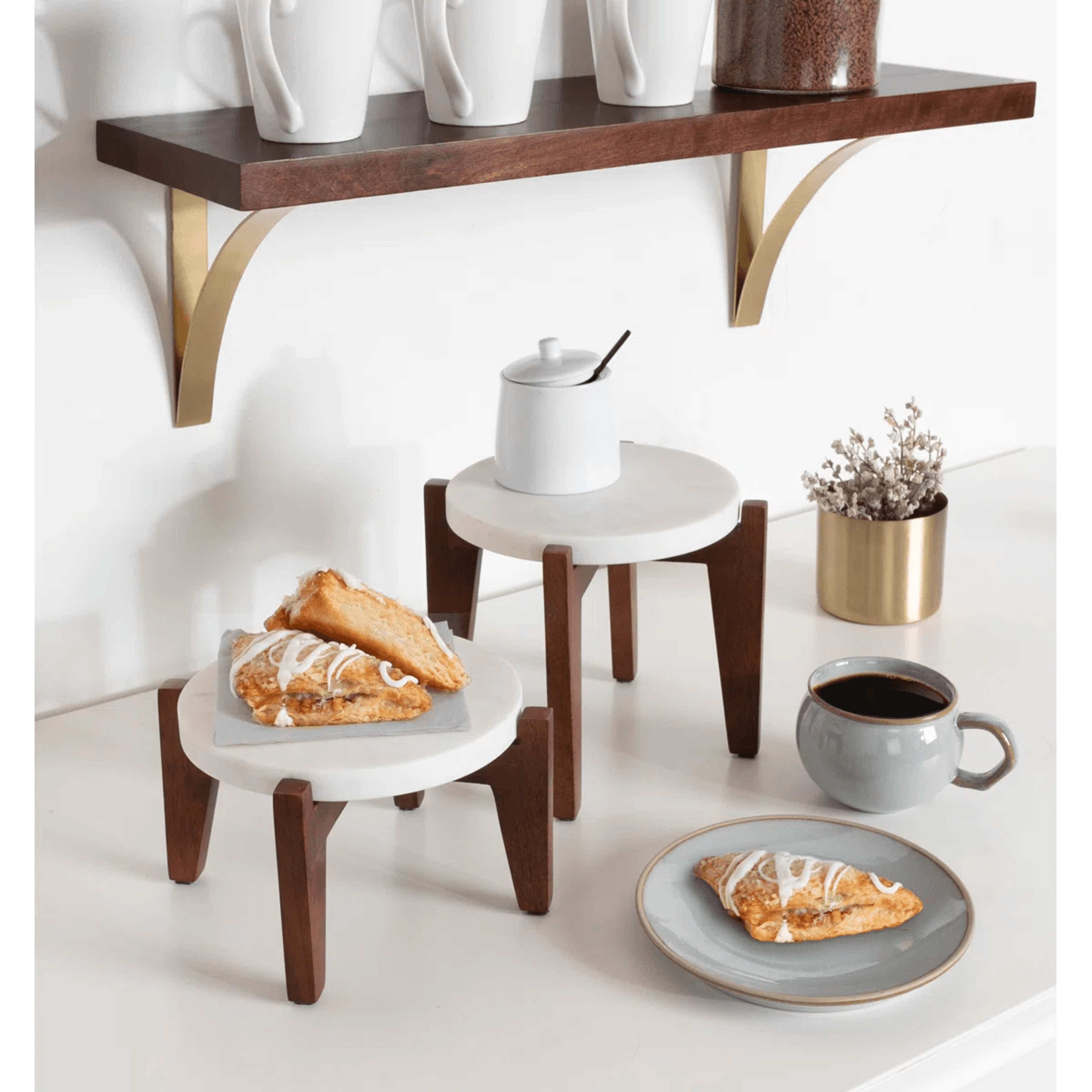 Round Marble Plant Stand Set Of 2 With Mango Wood Bases 10