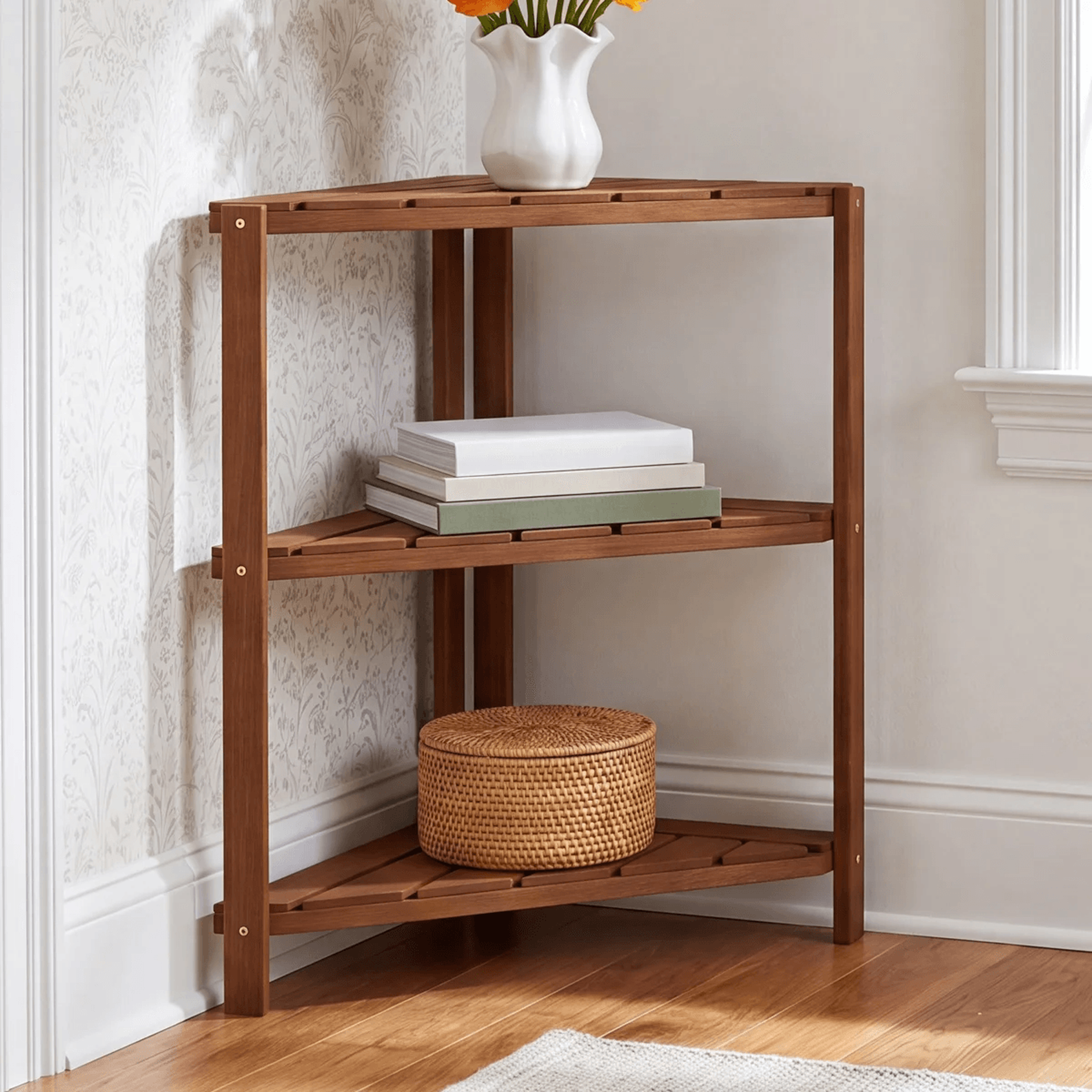 3 Tier Solid Wood Corner Plant Stand With Triangular Shelves Natural Finish 3