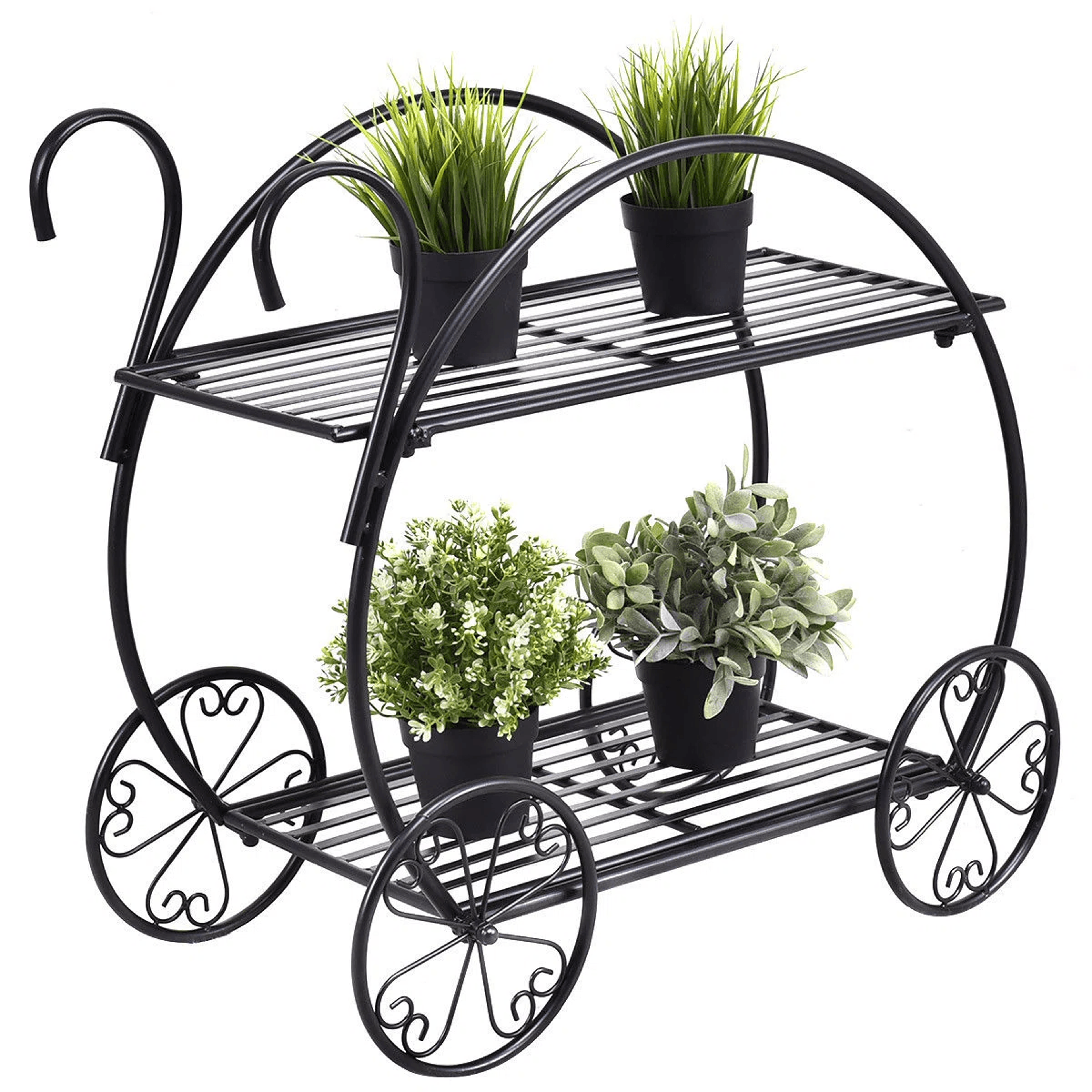 2 Tier Metal Plant Stand With Decorative Wheels And Black Finish 0