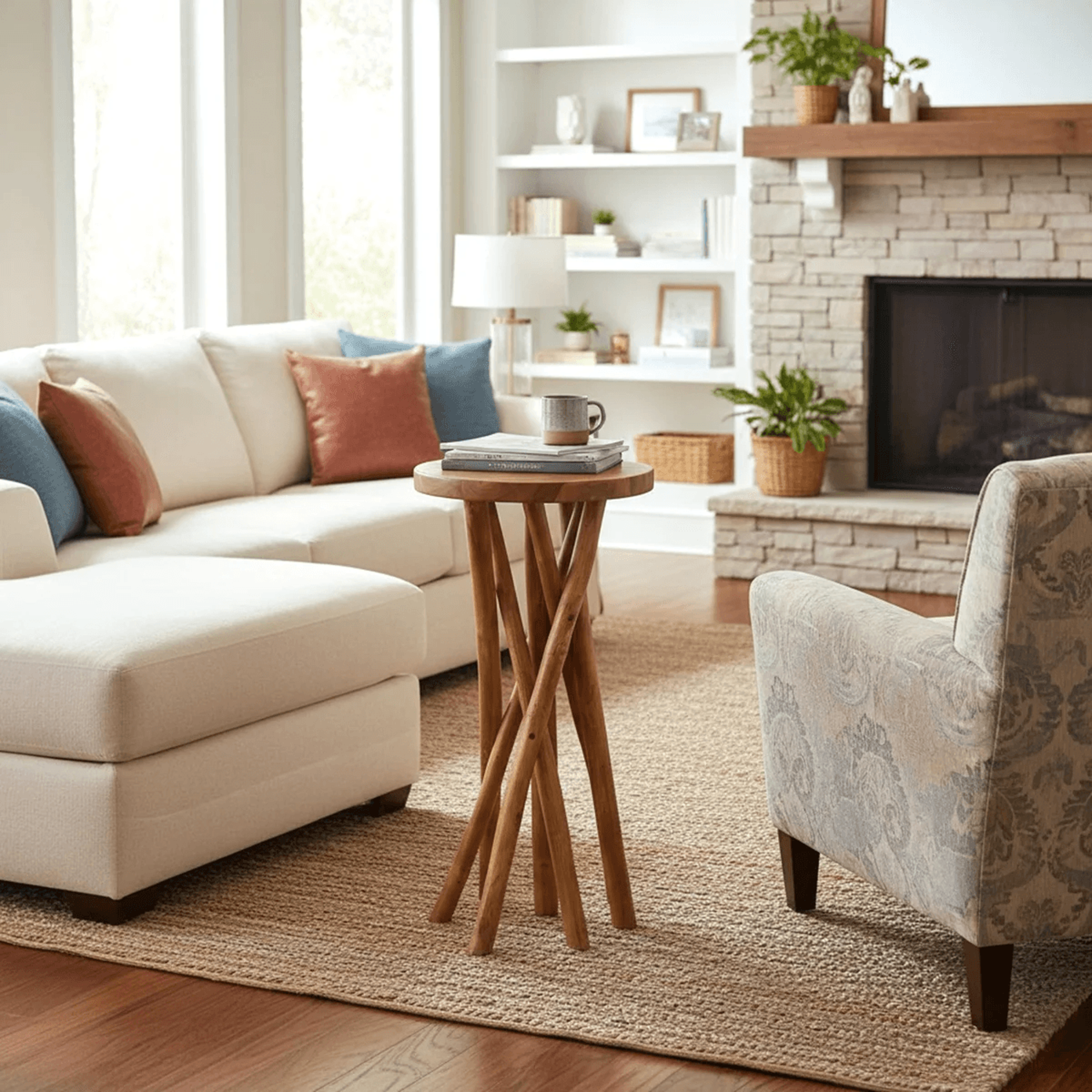 Teak Wood Plant Stand With Natural Branch Legs And Round Top 3