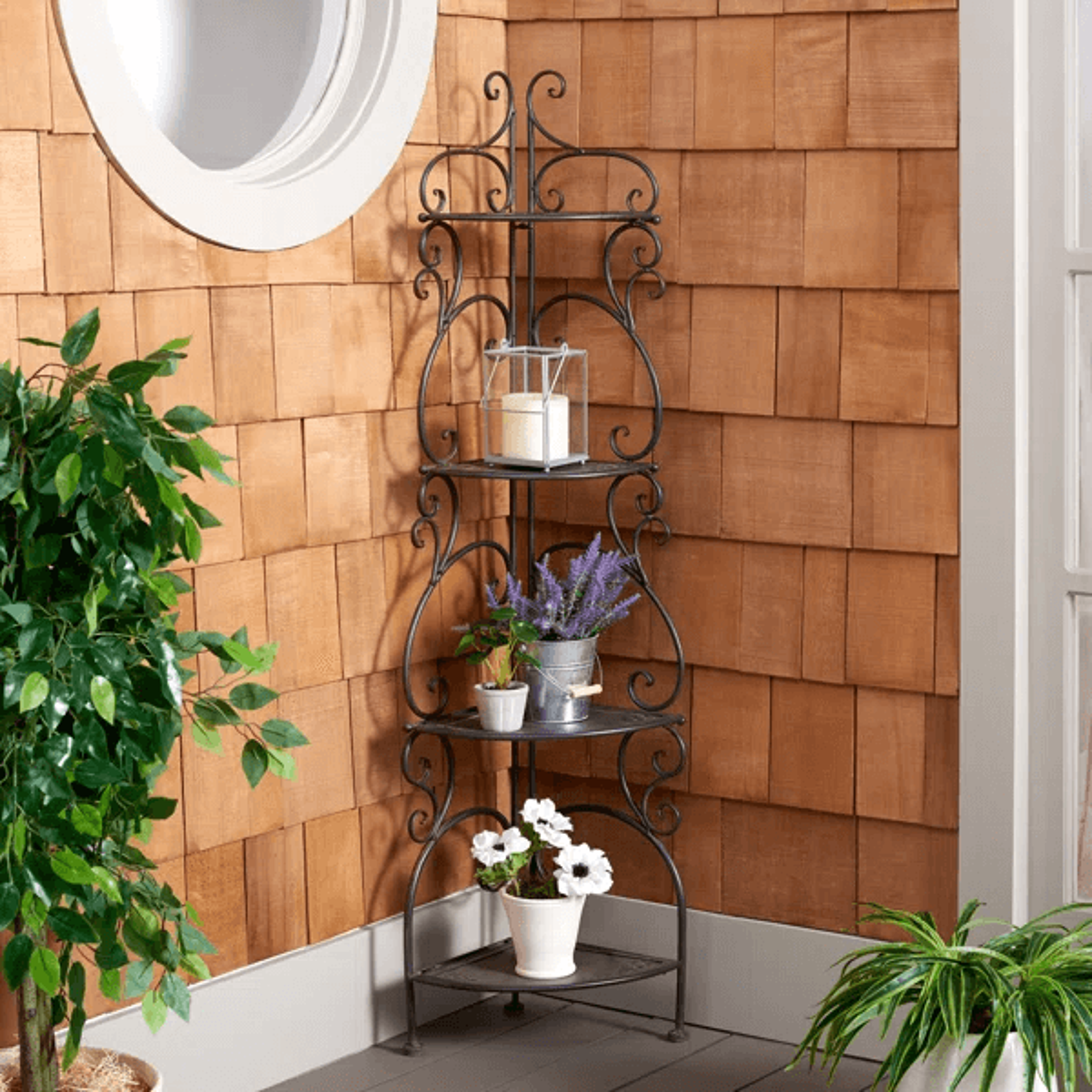 4 Tier Metal Corner Plant Stand With Decorative Scrollwork For Outdoor Spaces 10