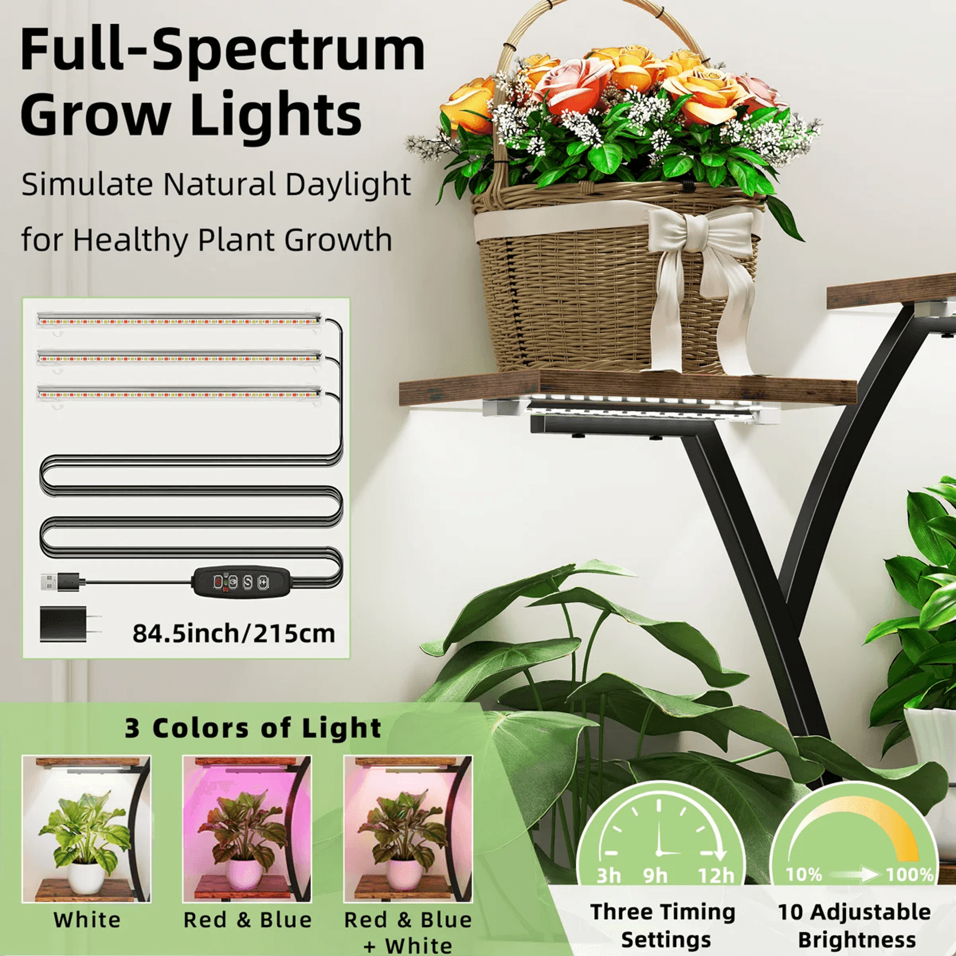 8 Tier Indoor Plant Stand With 3 Head Grow Lights And Hanging Hook 1