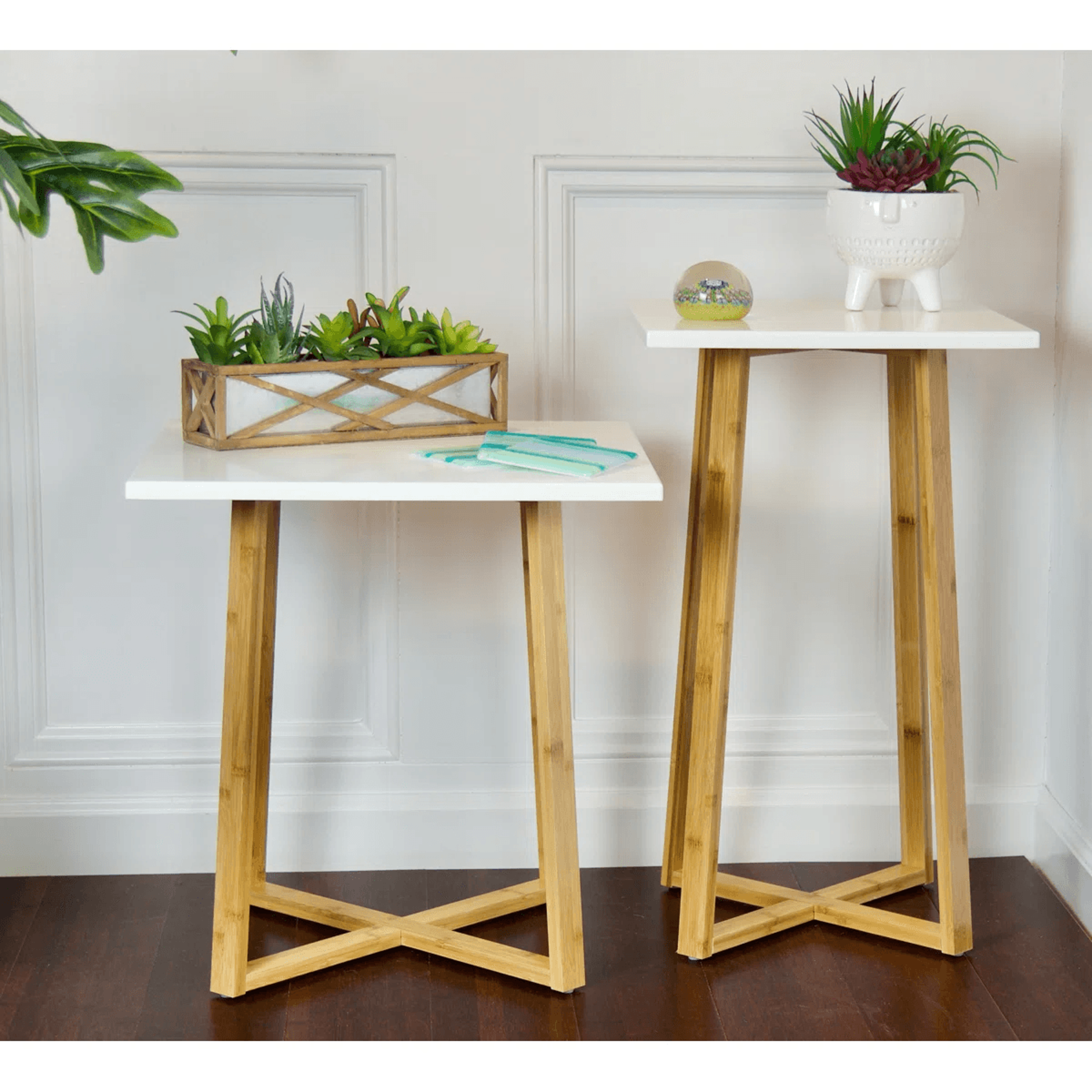 Modern Bamboo And Wood Plant Stand With Square Top And X Shaped Base 4