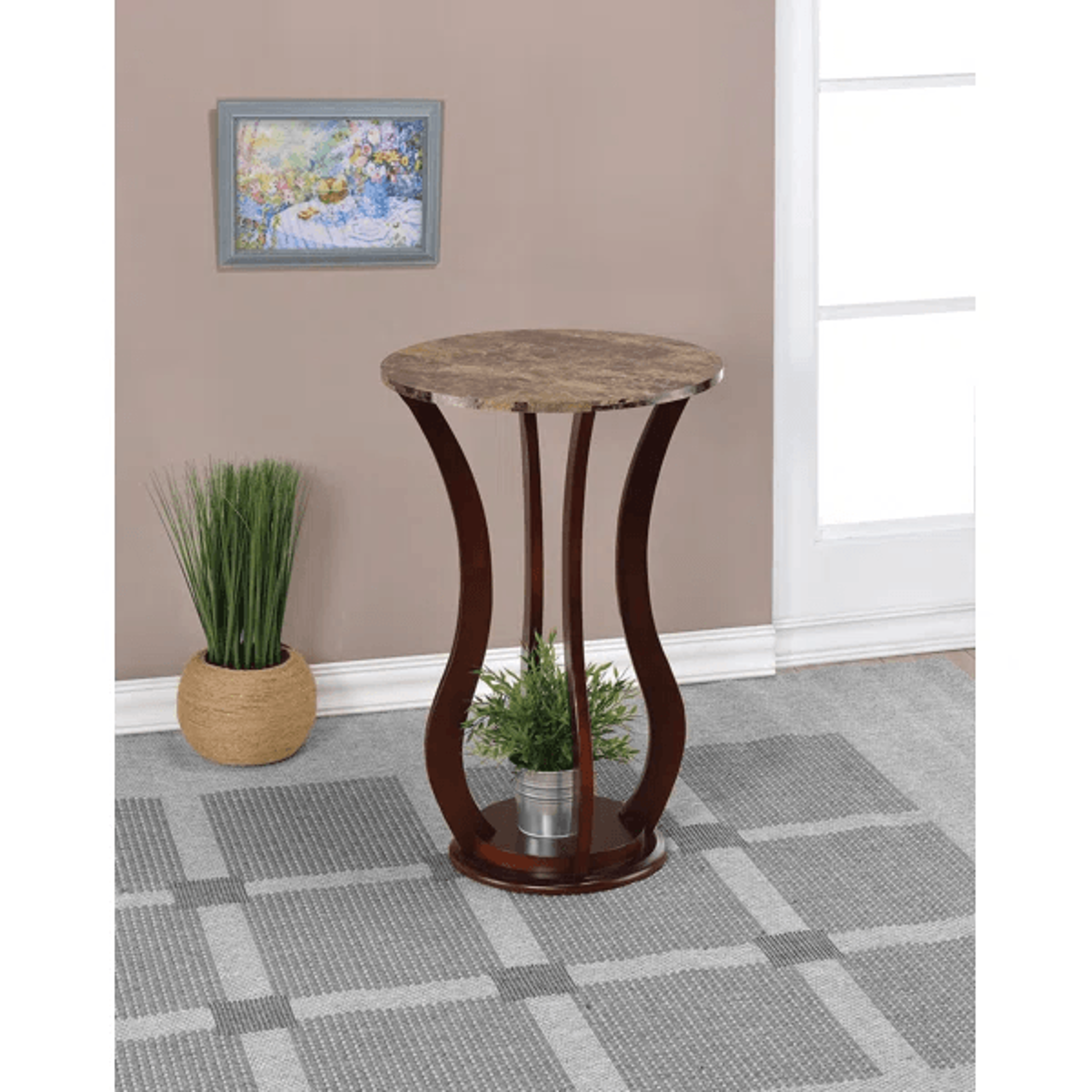 Round Wood Plant Stand With Two Tier Storage And Cherry Finish 0