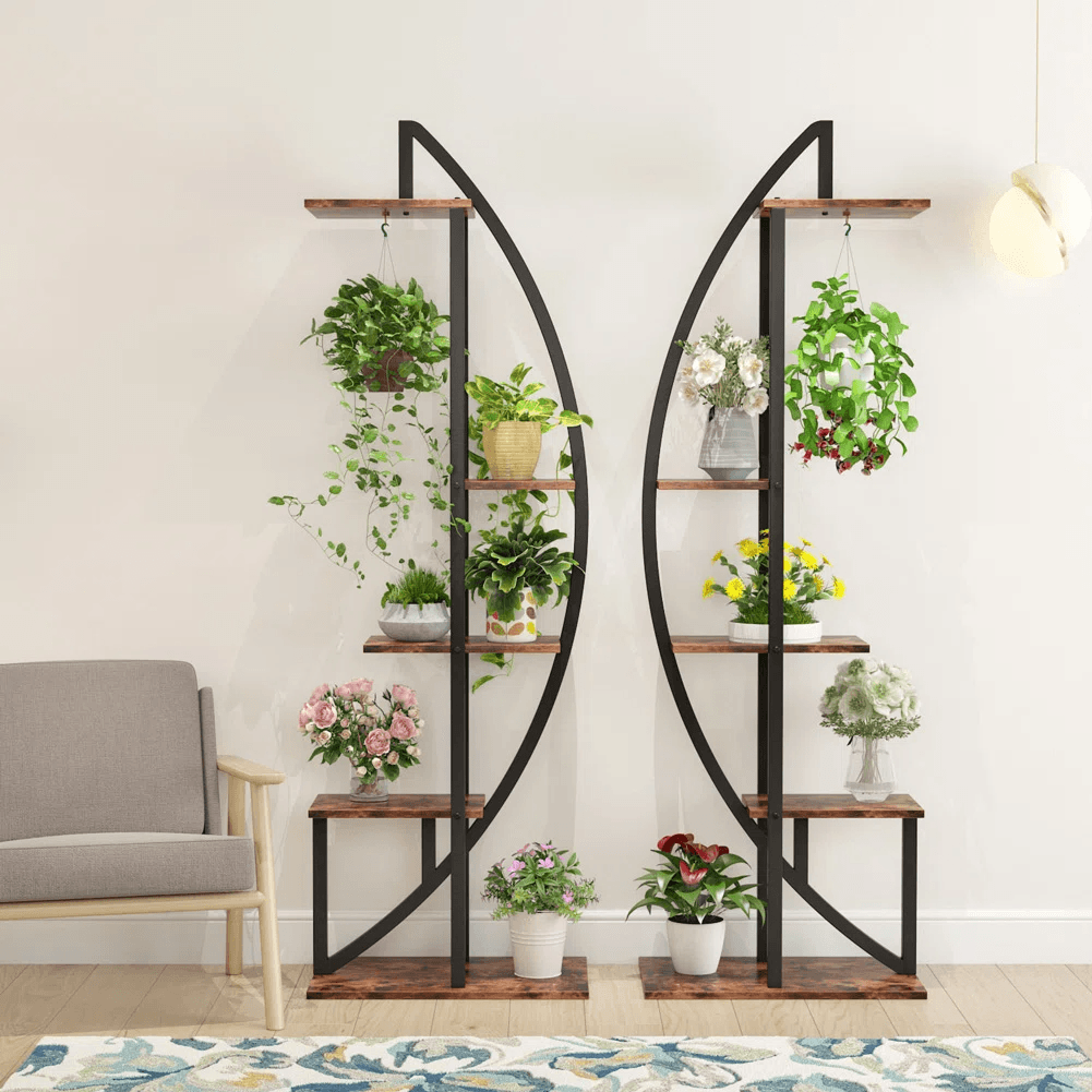 5 Tier Plant Stand Set Of 2 With Curved Design And Wood Grain Finish 8