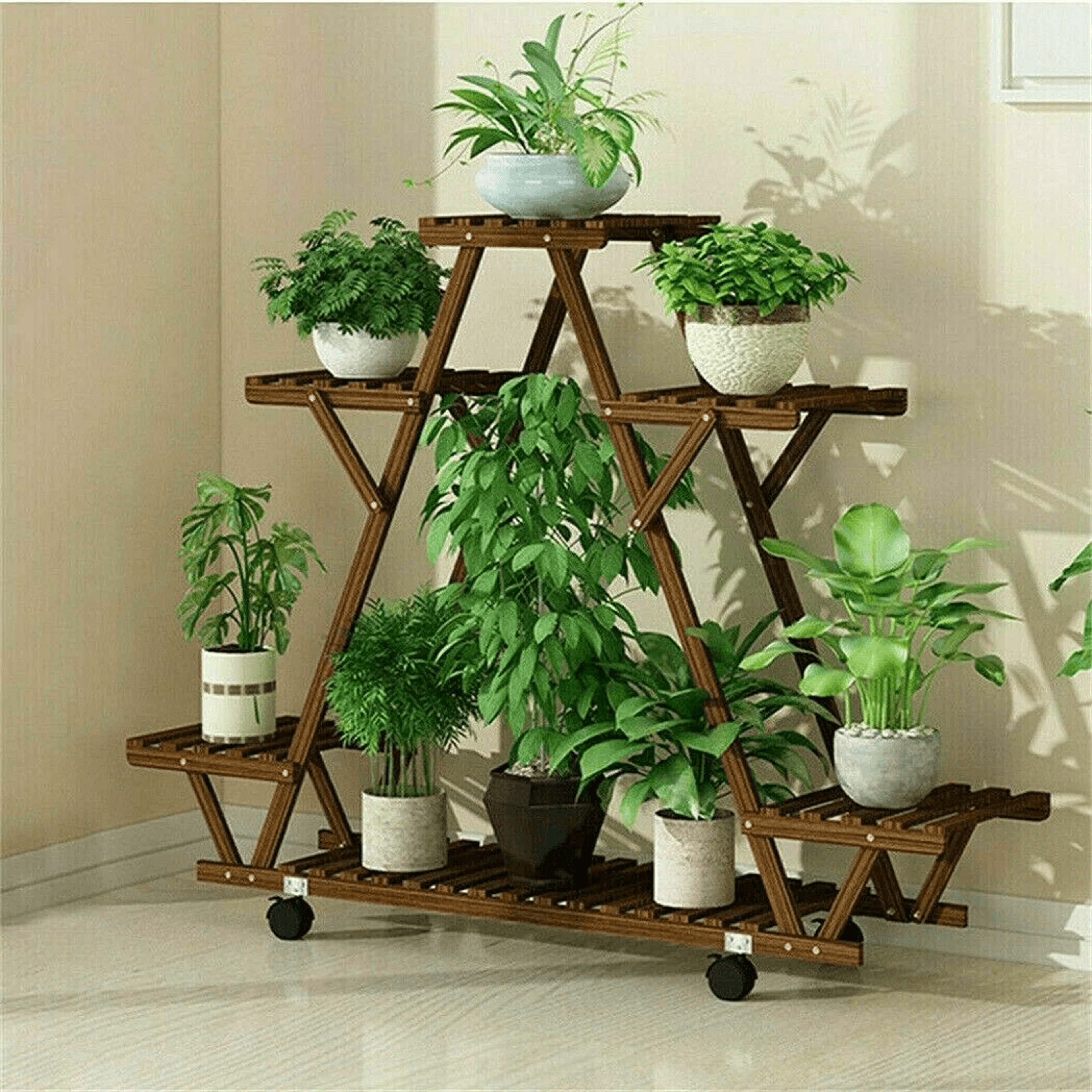 4 Tier Solid Pine Wood Plant Stand With Wheels For Indoor And Outdoor Use 1