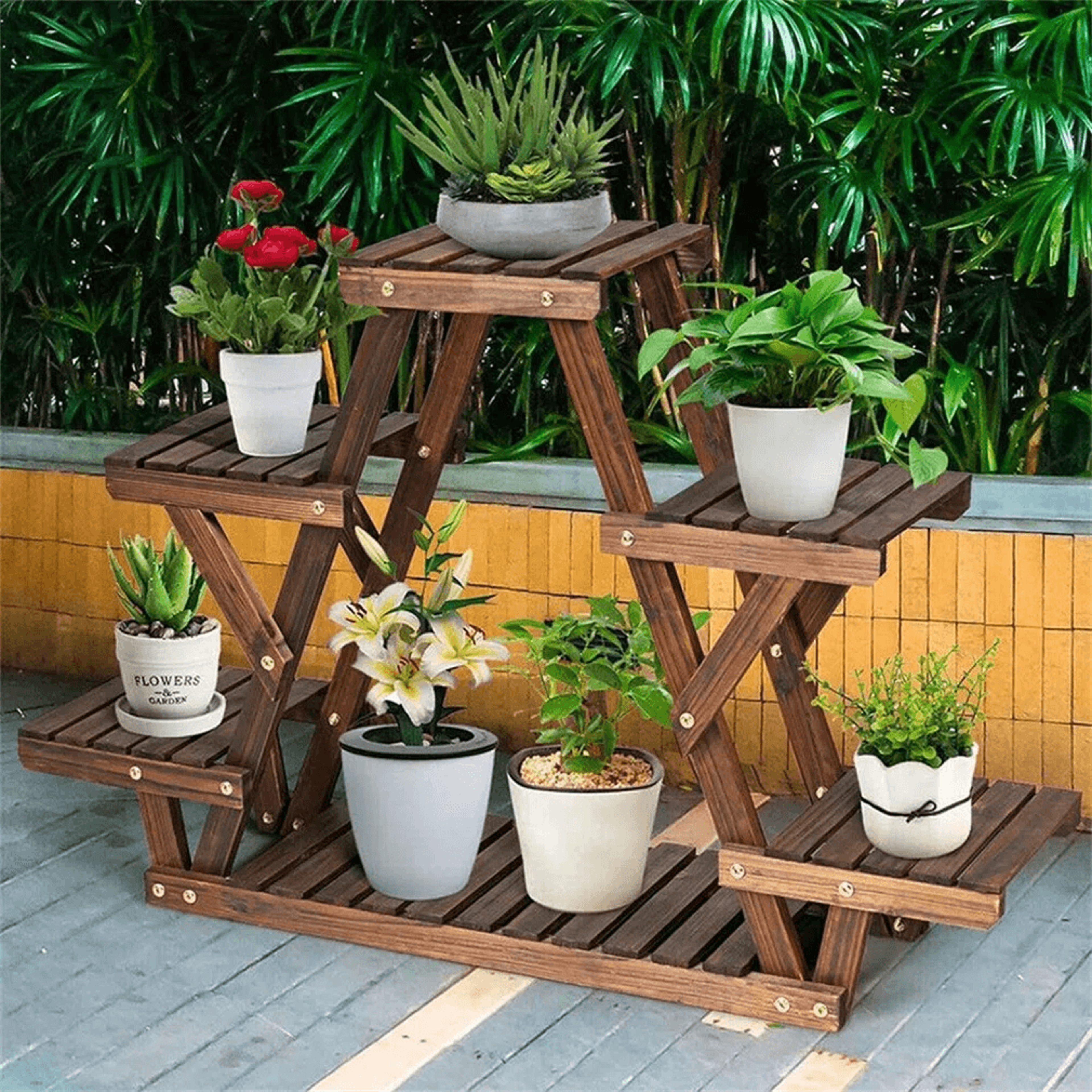 6 Tier Solid Pine Wood Plant Stand With Rectangular Shelf Design 7
