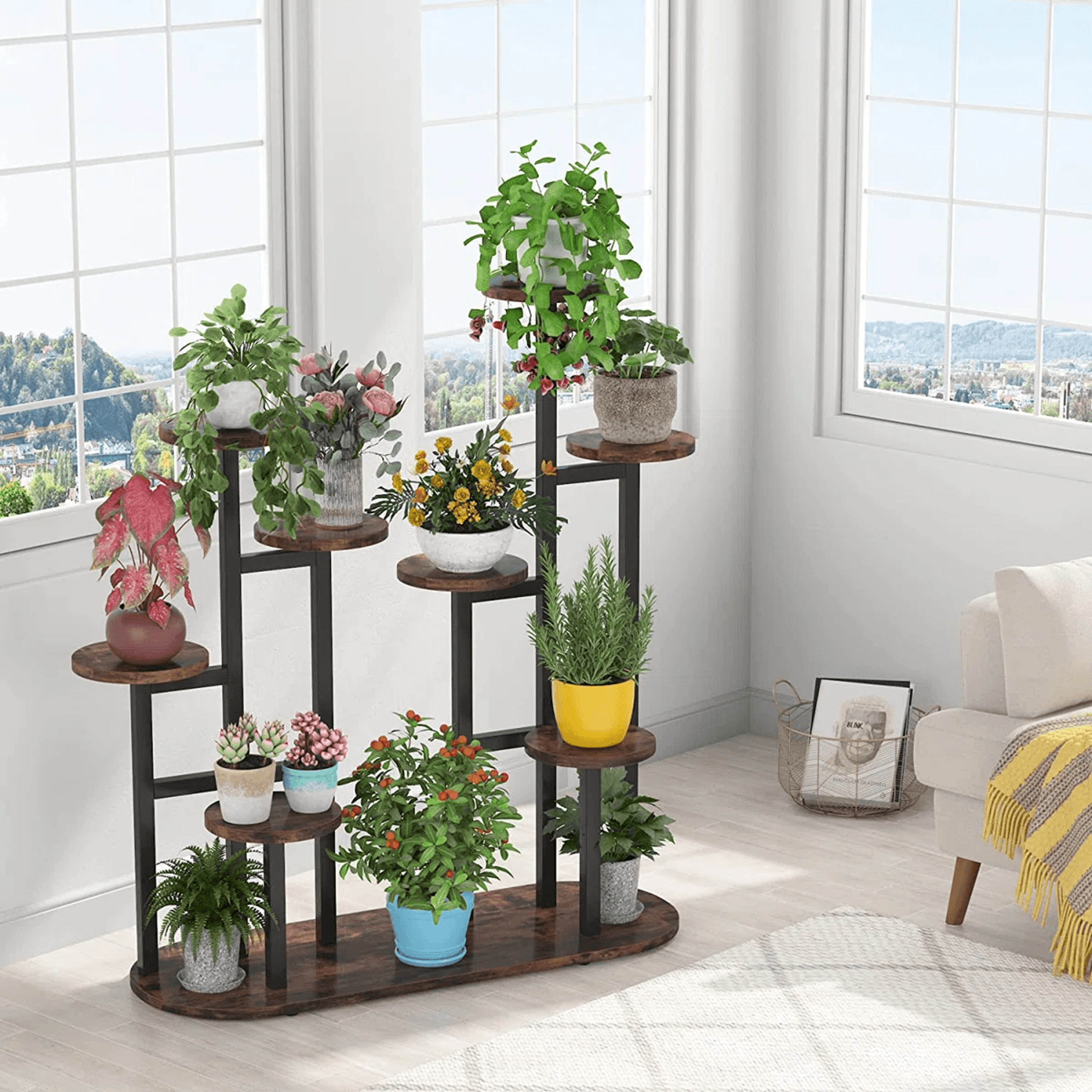 9 Tier Plant Stand With Metal Frame And Wood Grain Shelves For Indoor And Outdoor Use 6