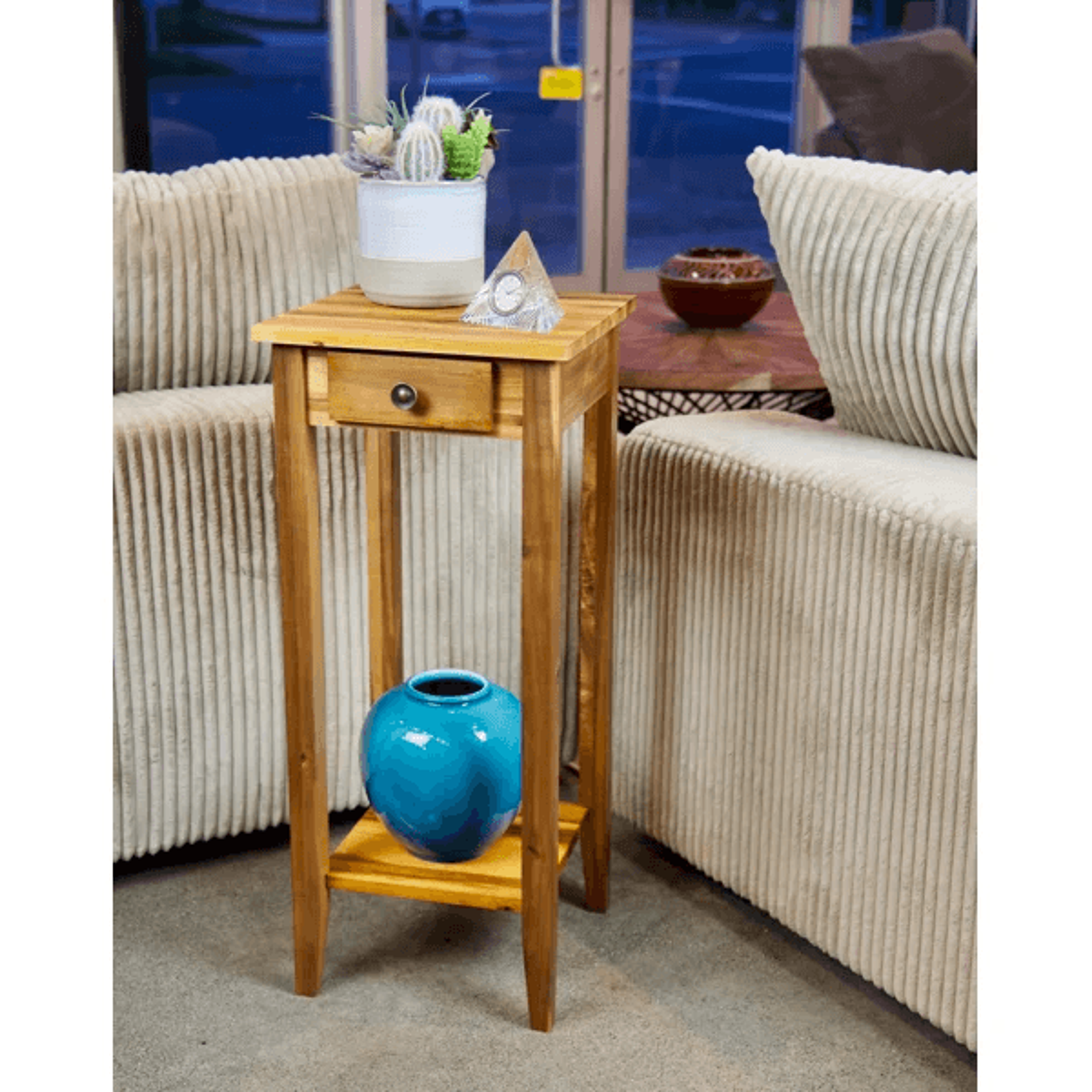 2 Tier Solid Acacia Wood Plant Stand With Drawer And Storage Shelf 10