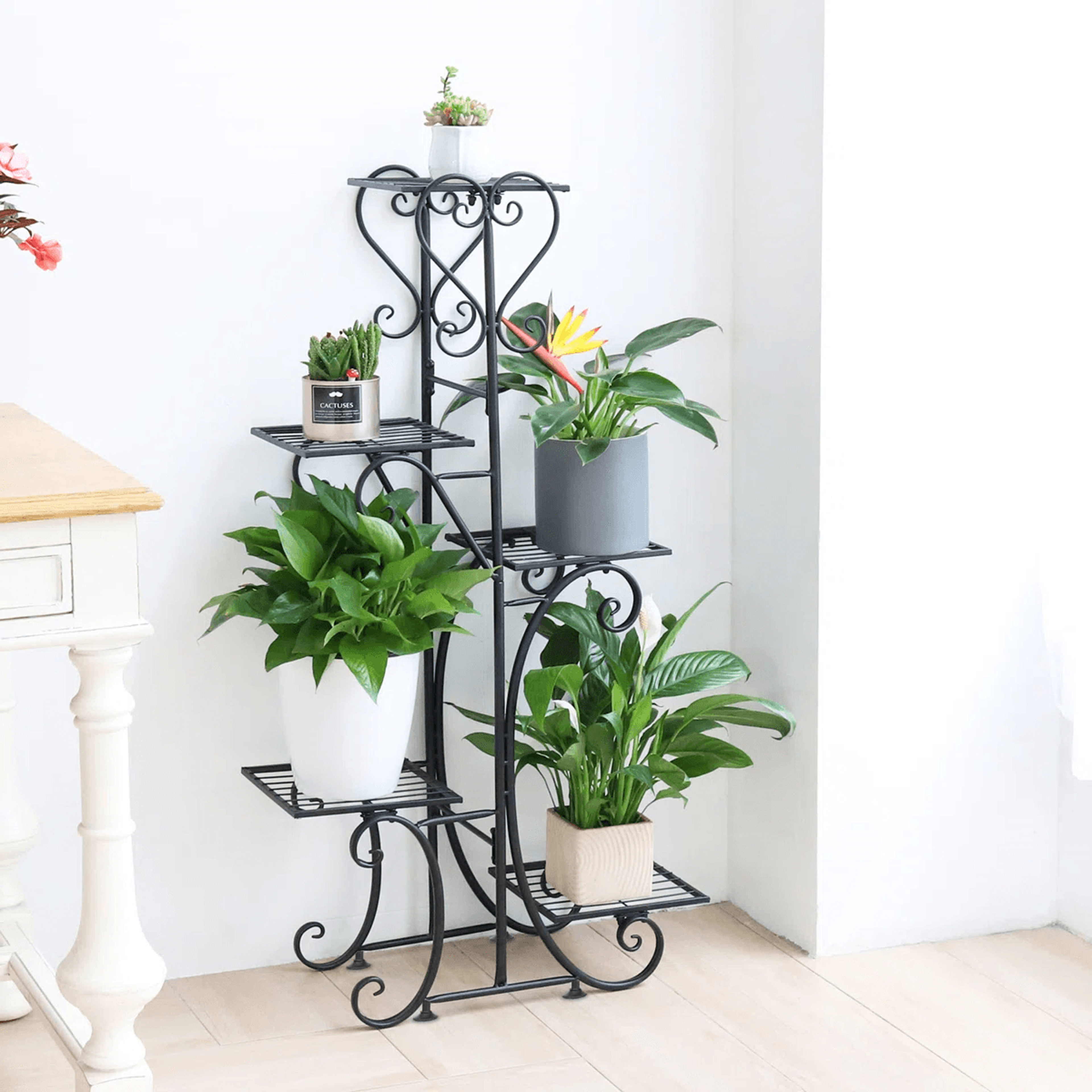 5 Tier Plant Stand With Solid Wood Base And Metal Shelves Black 5