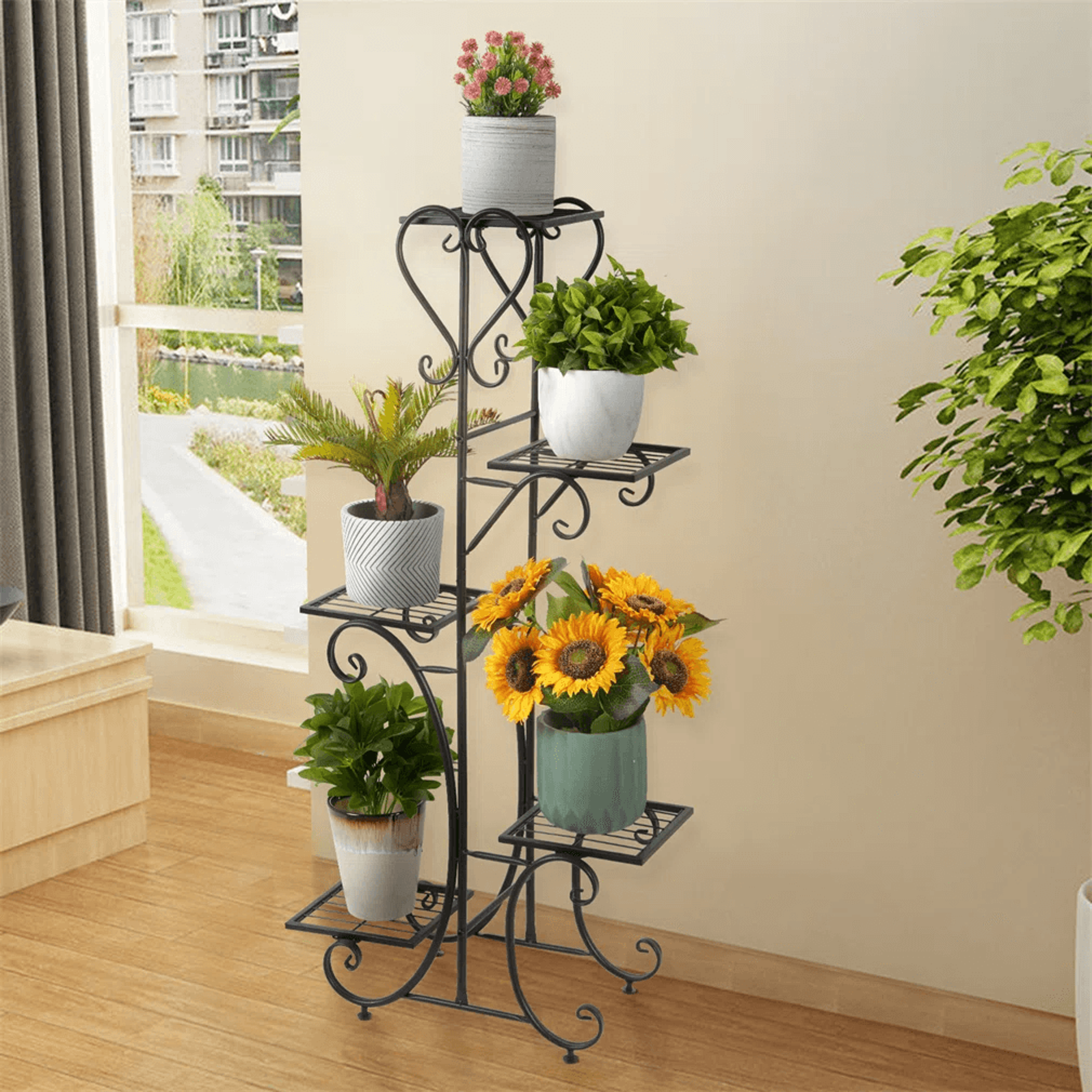 5 Tier Plant Stand With Solid Wood Base And Metal Shelves Black 0