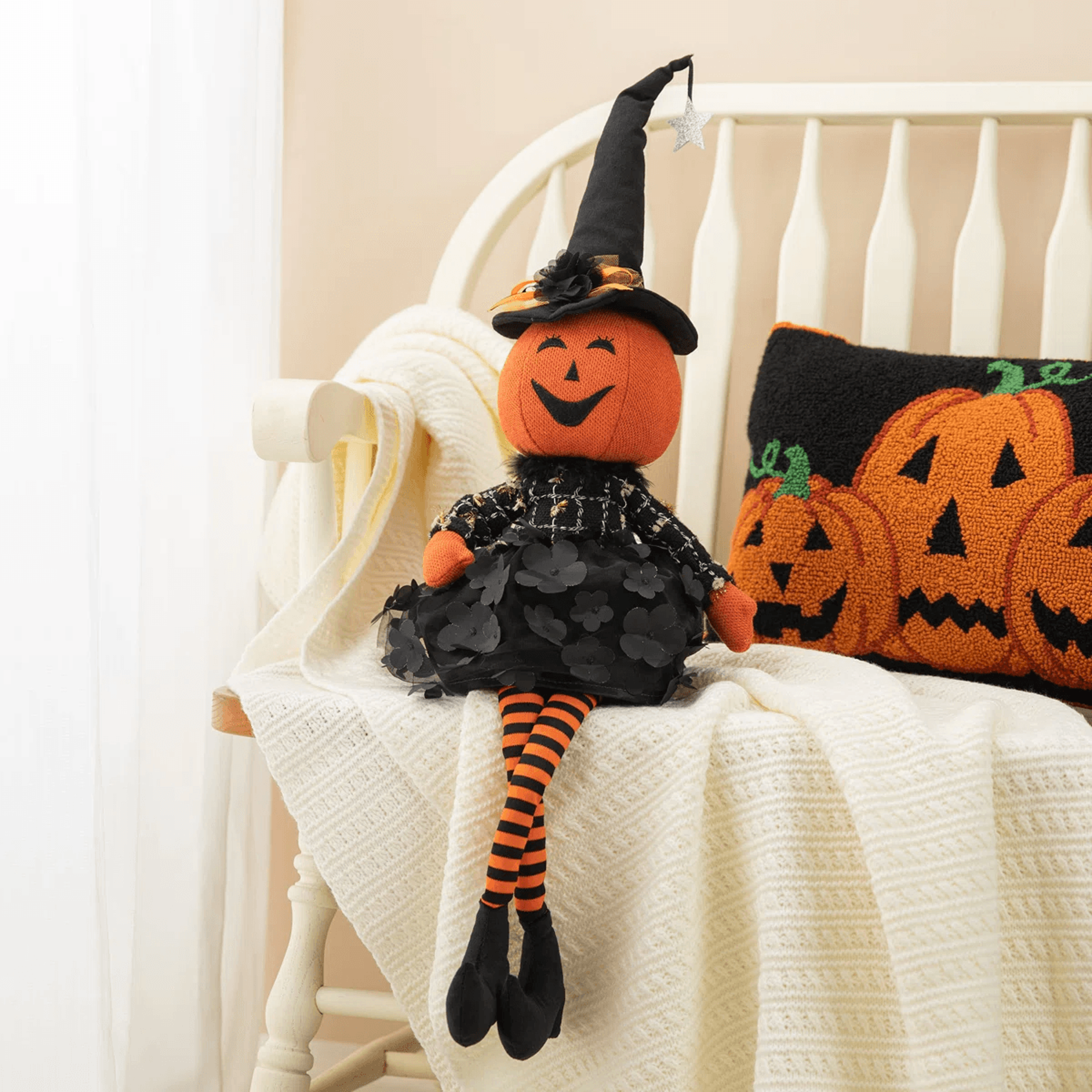 Handmade Witch Pumpkin Halloween Decoration With Fabric Outfit 7
