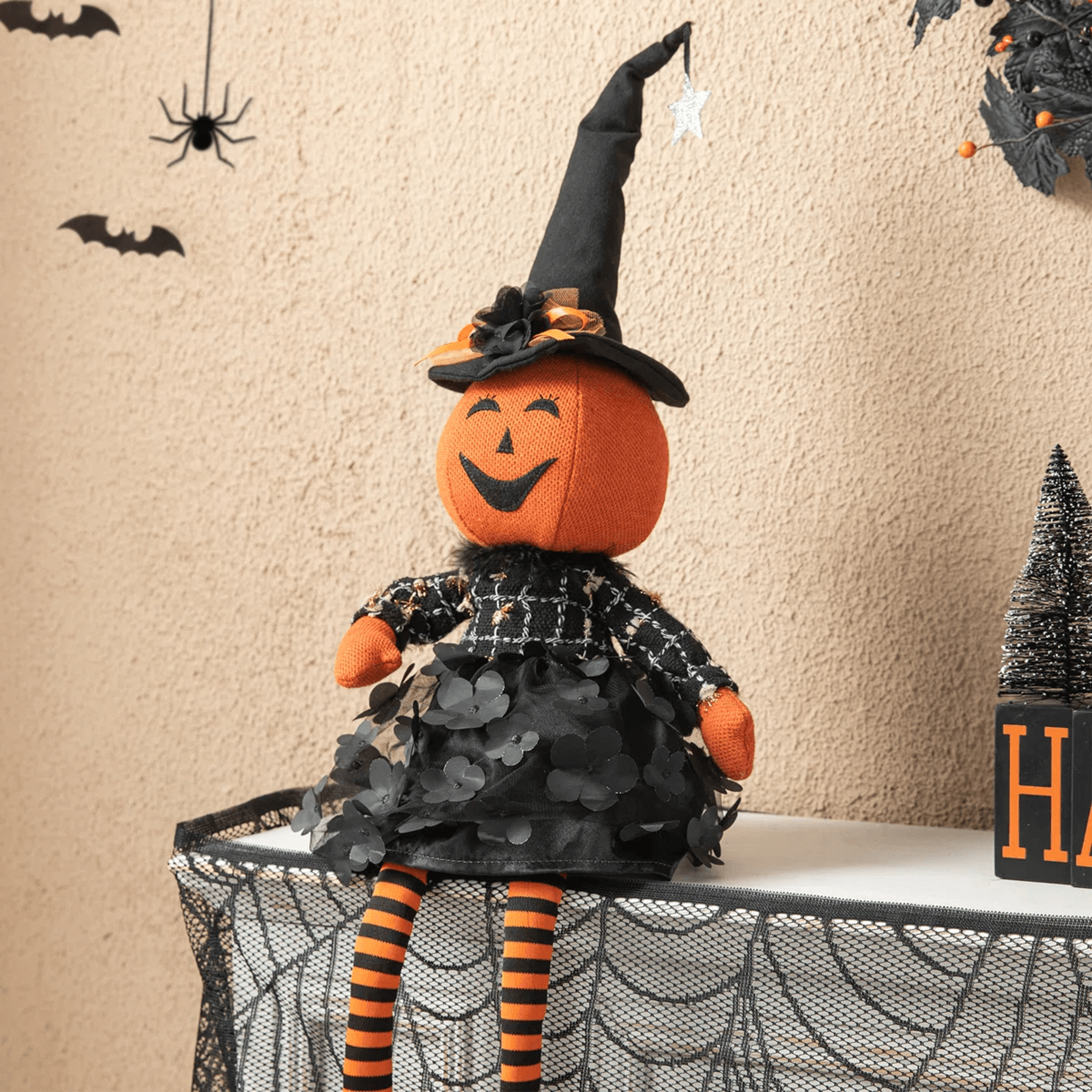 Handmade Witch Pumpkin Halloween Decoration With Fabric Outfit 0