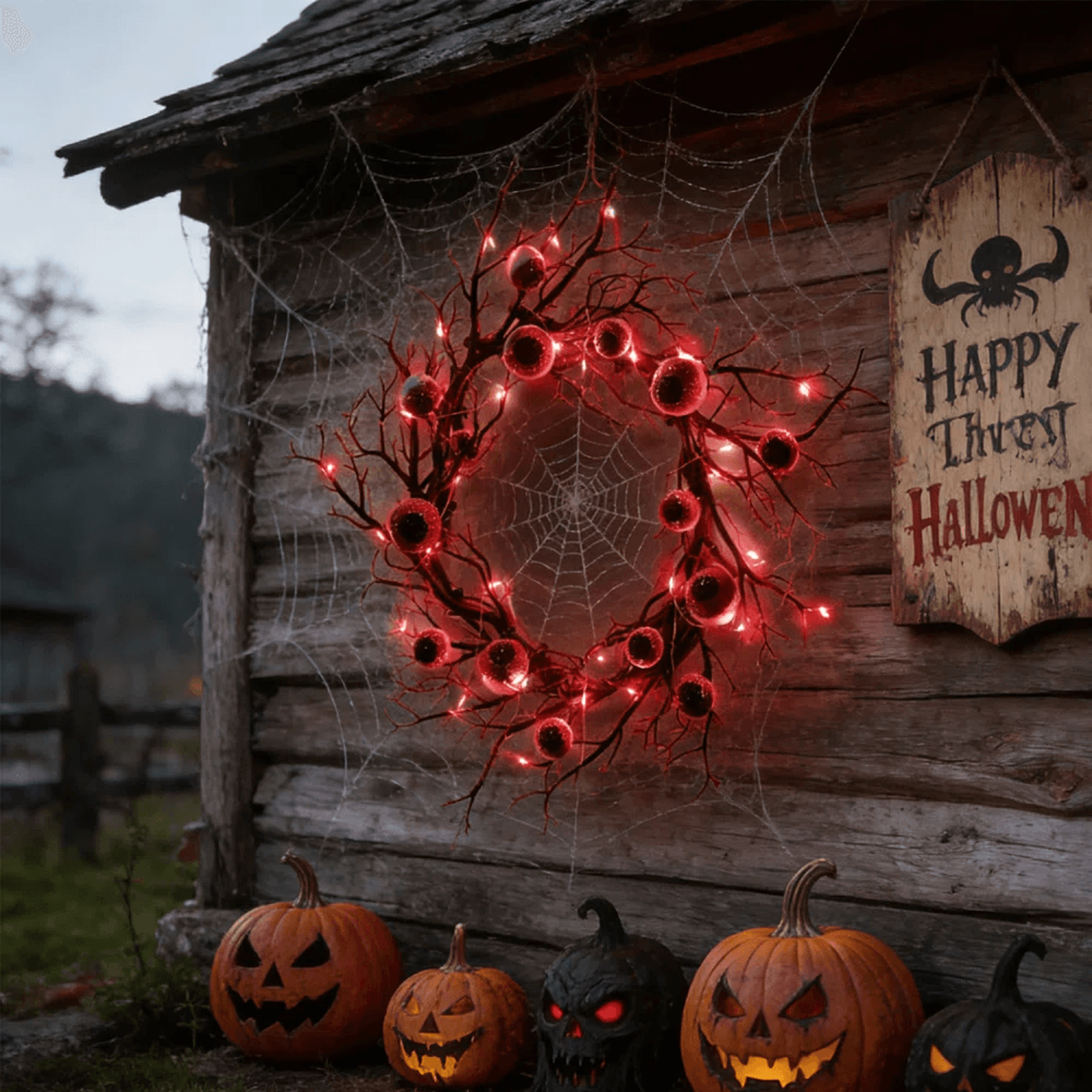Black Halloween Eyeball Wreath With 30 Red LED Lights 1