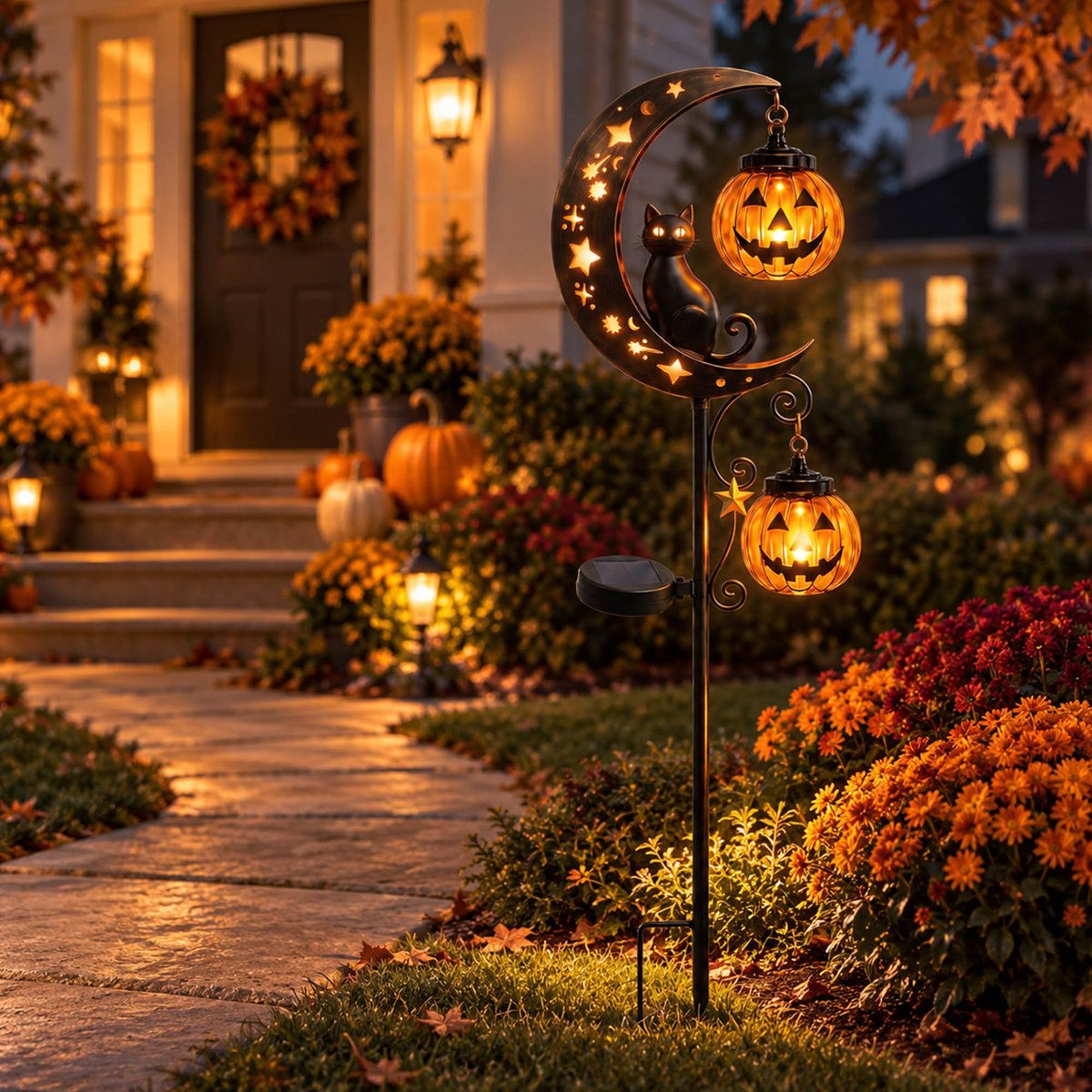 Solar Halloween Pumpkin Moon Garden Stake Light With Black Cat And LED Glow 0