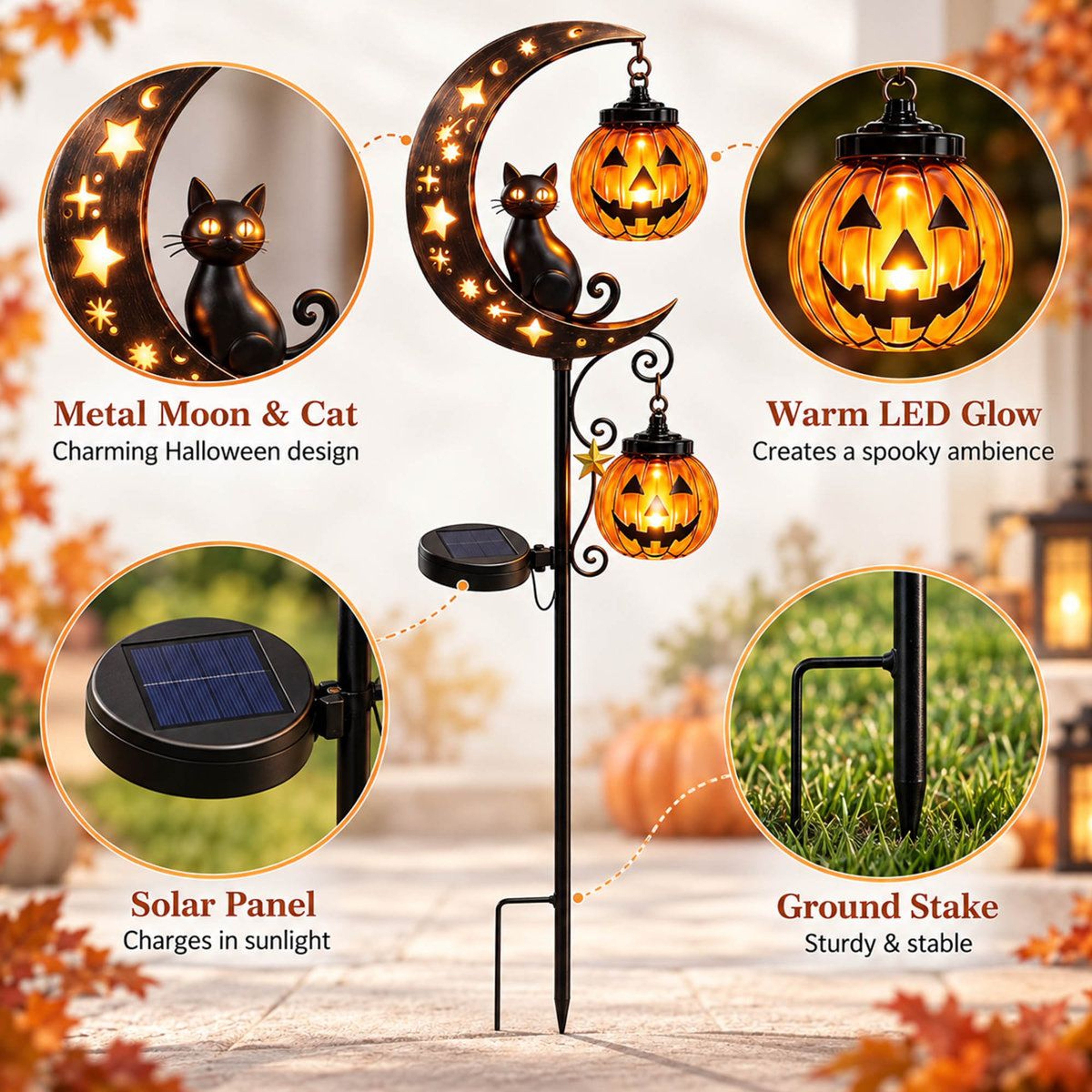 Solar Halloween Pumpkin Moon Garden Stake Light With Black Cat And LED Glow 1