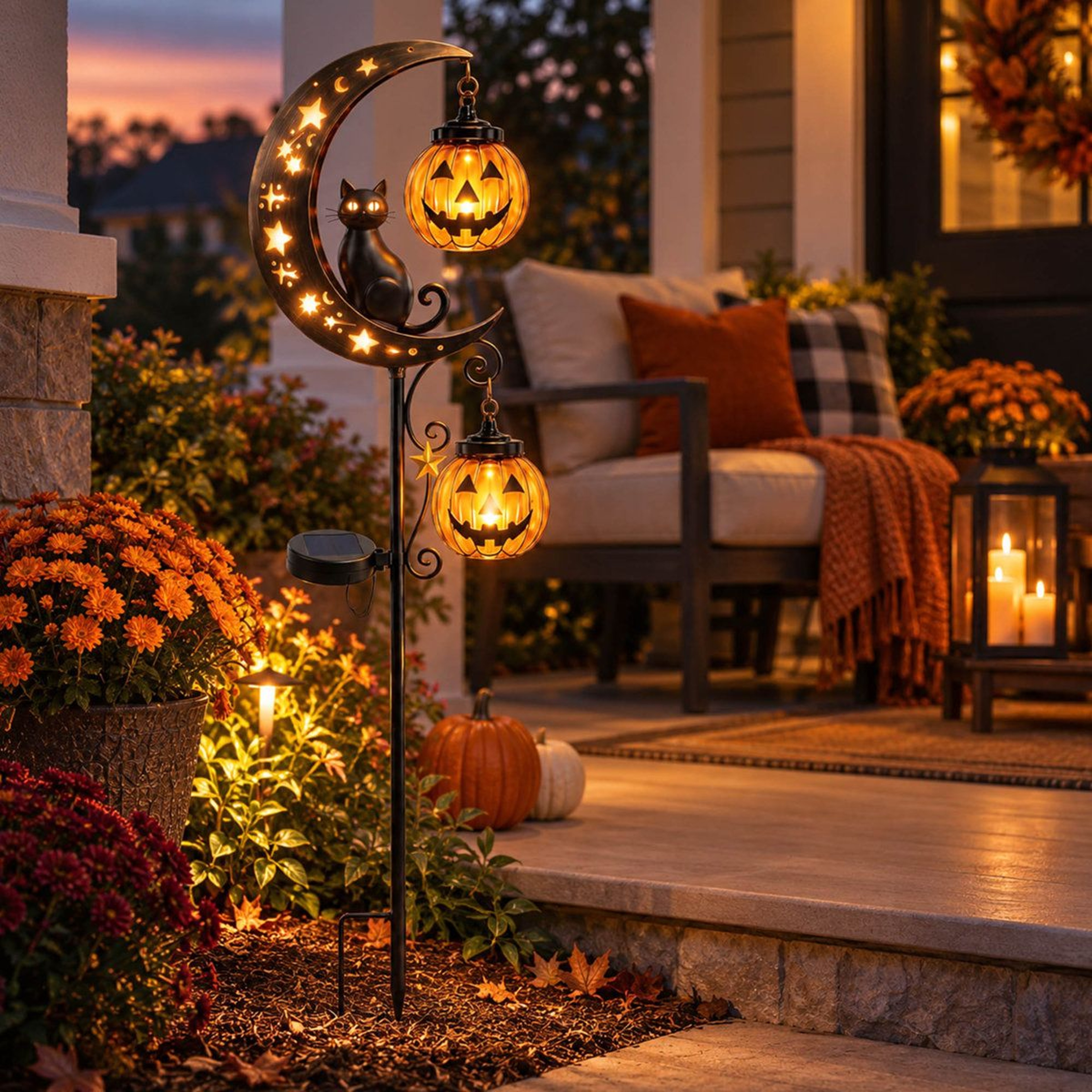 Solar Halloween Pumpkin Moon Garden Stake Light With Black Cat And LED Glow 4