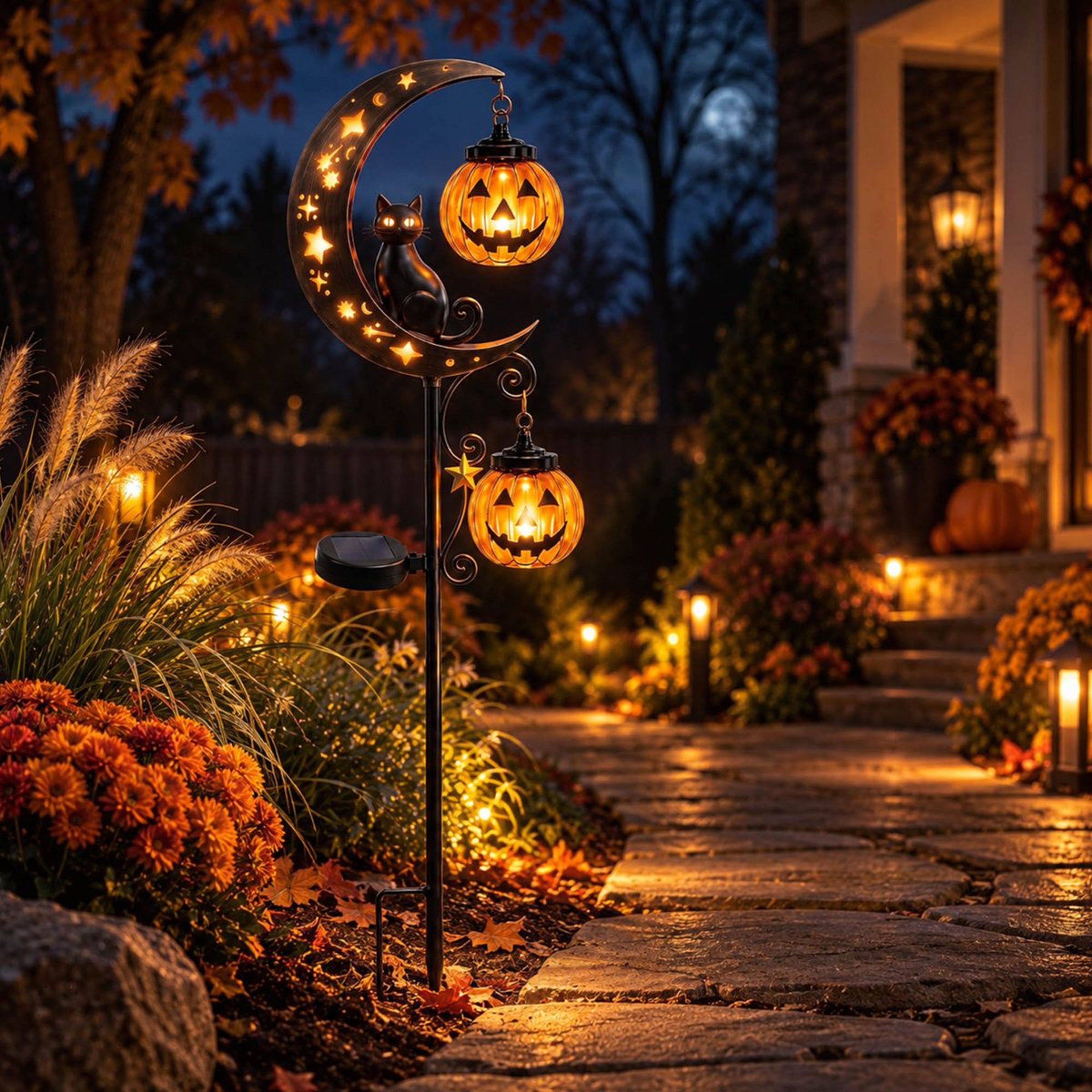 Solar Halloween Pumpkin Moon Garden Stake Light With Black Cat And LED Glow 3