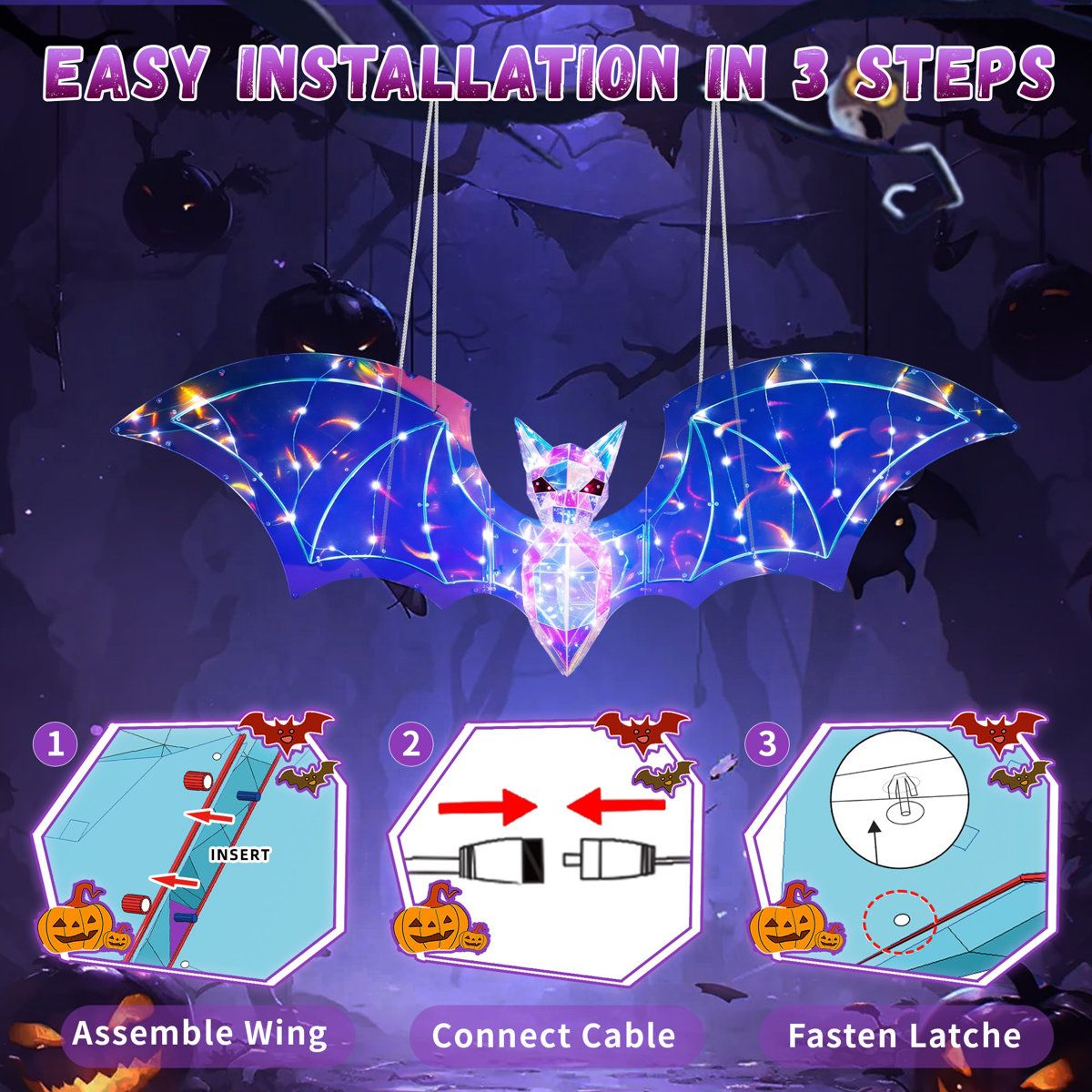 Hanging LED Halloween Bat Decoration With Iridescent Multicolor Glow 3