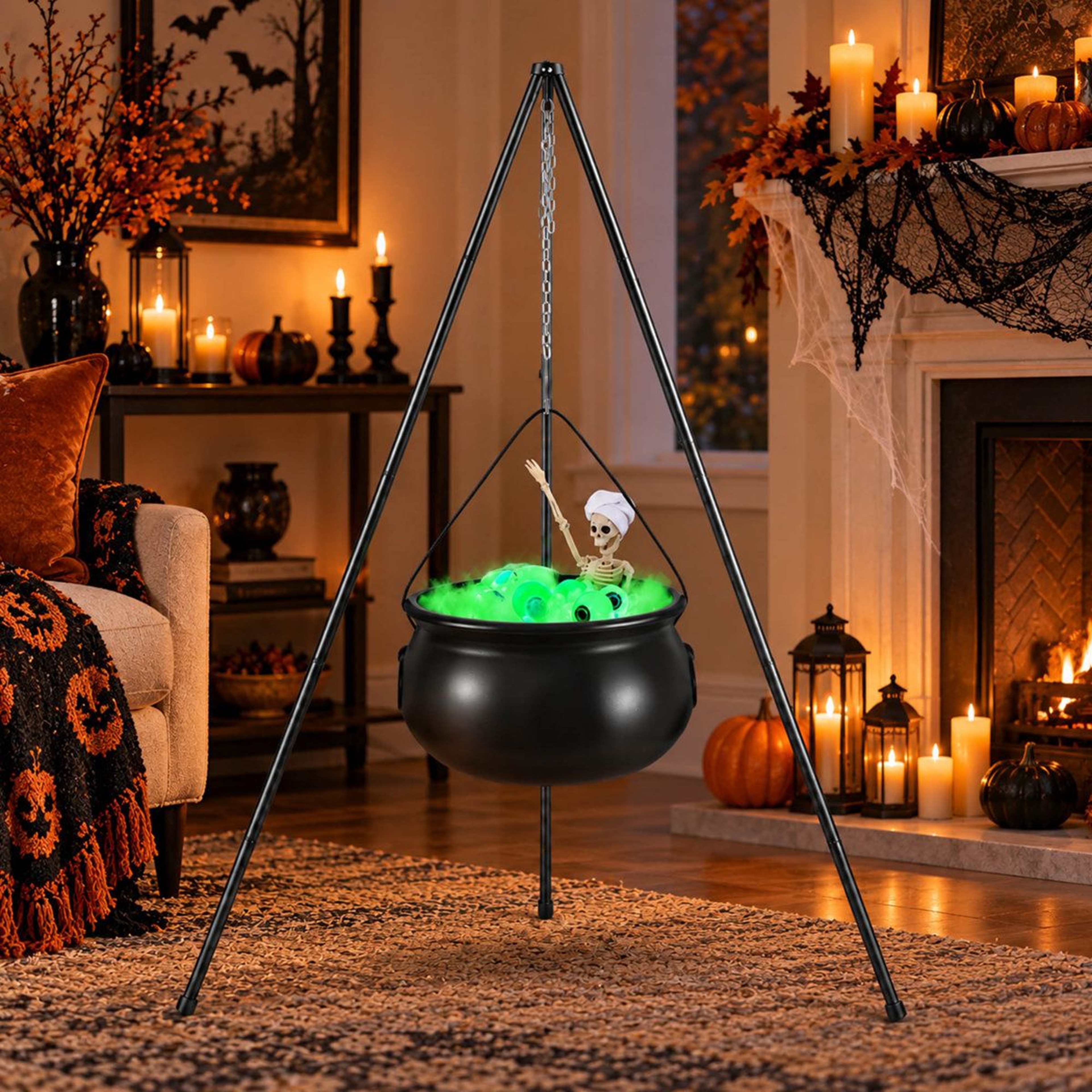 Light Up Halloween Witch Cauldron With Skeleton And Green LED Eyeballs 2
