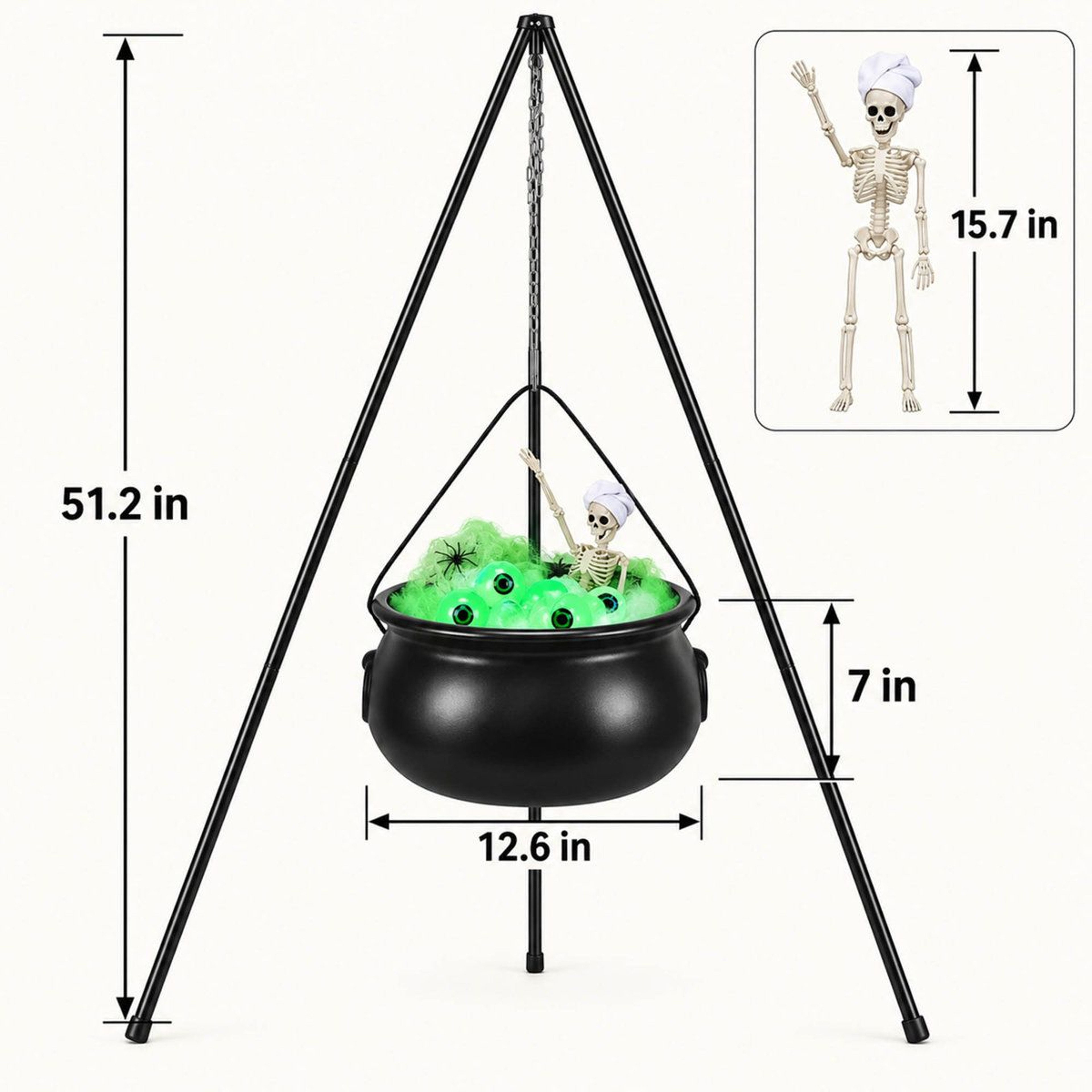 Light Up Halloween Witch Cauldron With Skeleton And Green LED Eyeballs 4