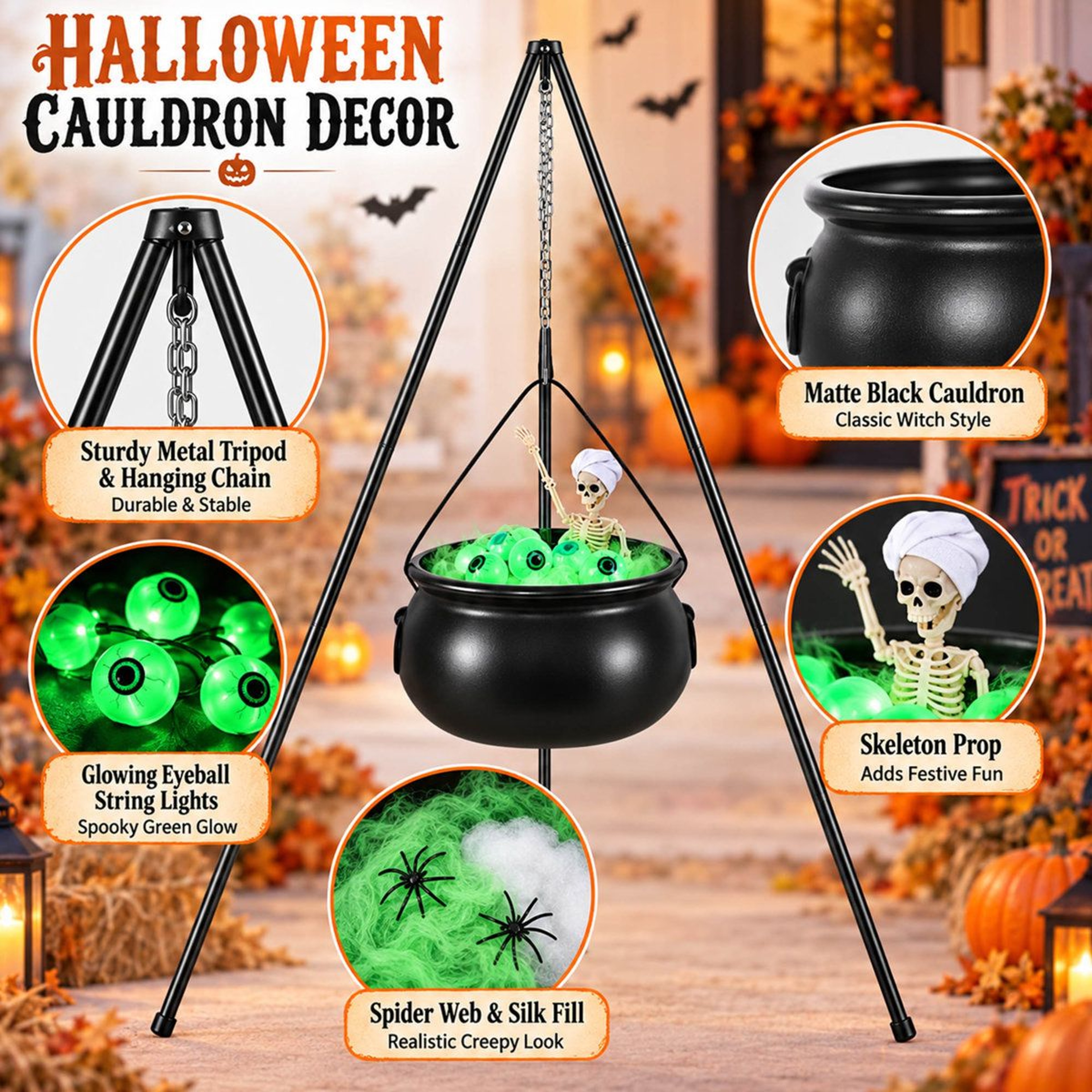 Light Up Halloween Witch Cauldron With Skeleton And Green LED Eyeballs 1
