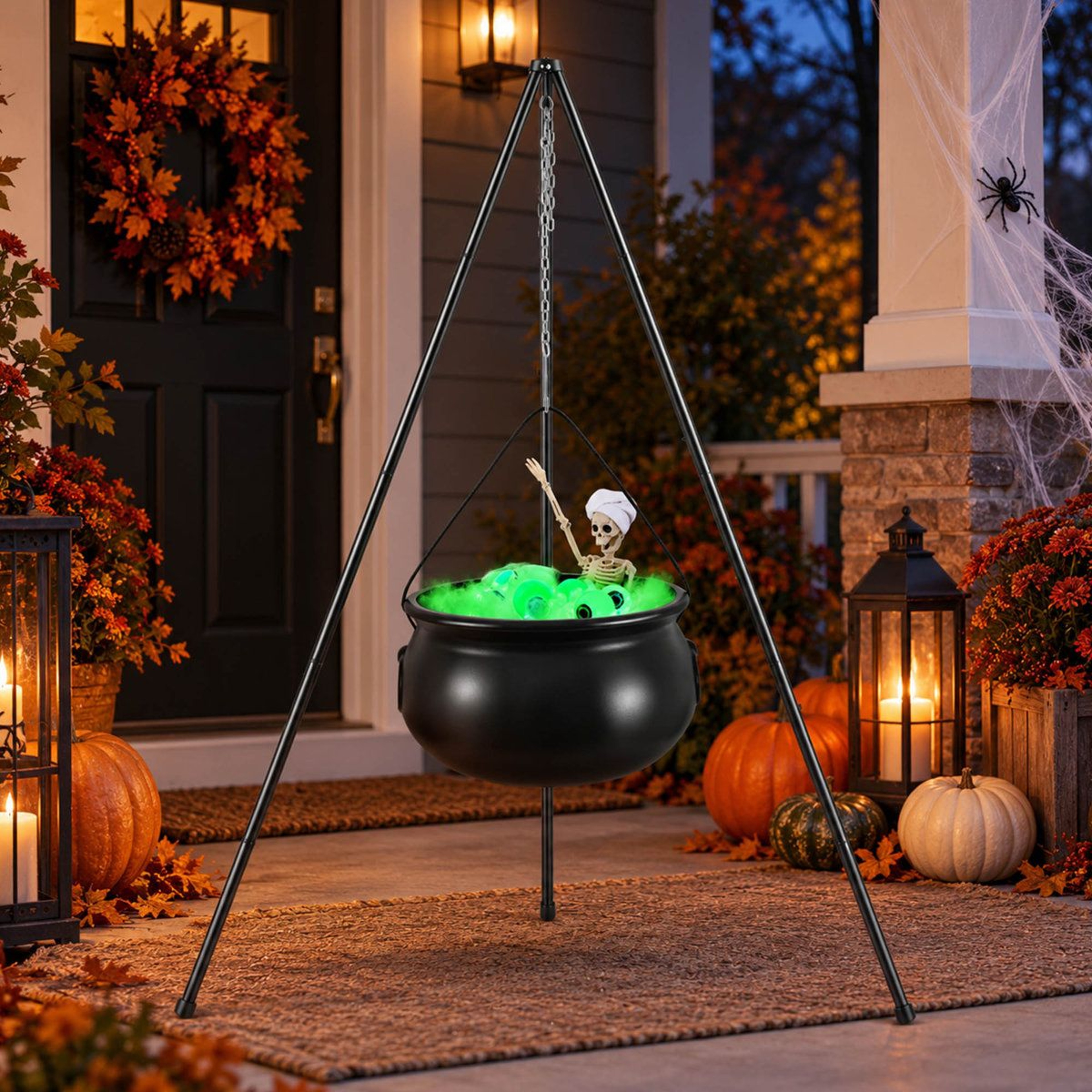 Light Up Halloween Witch Cauldron With Skeleton And Green LED Eyeballs 3