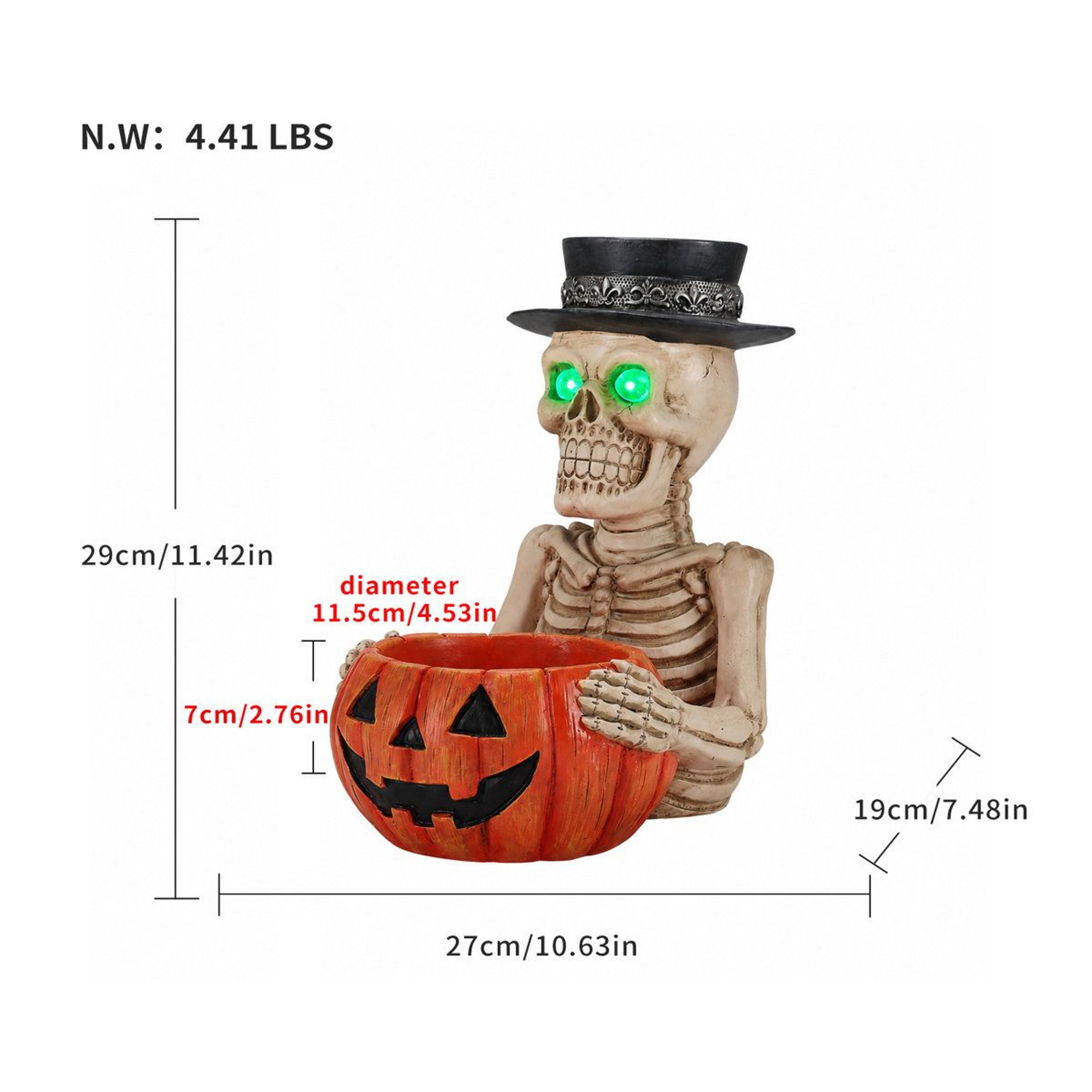 Lighted Skeleton Halloween Tabletop Decor With Green LED Eyes And Candy Bowl 6