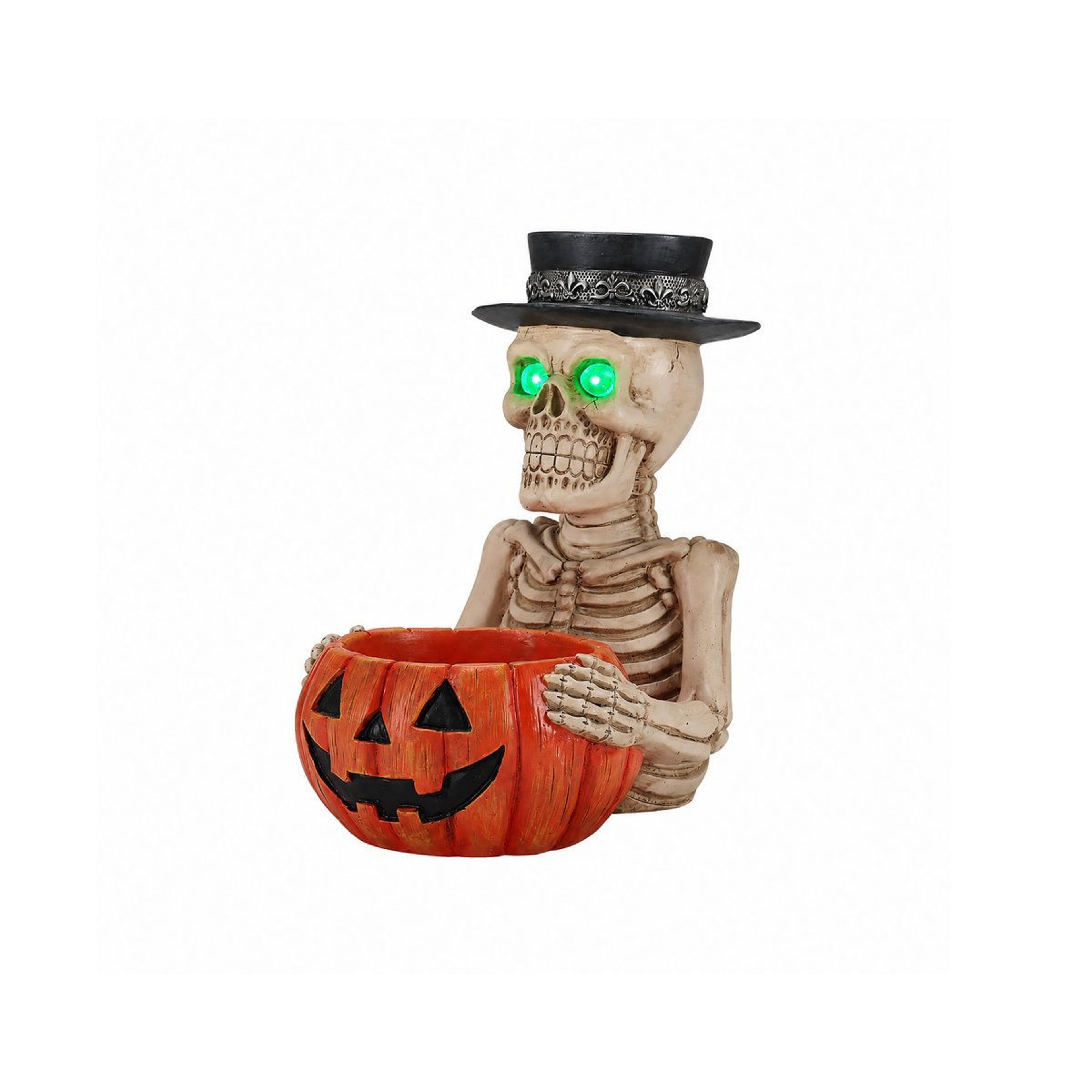 Lighted Skeleton Halloween Tabletop Decor With Green LED Eyes And Candy Bowl 4