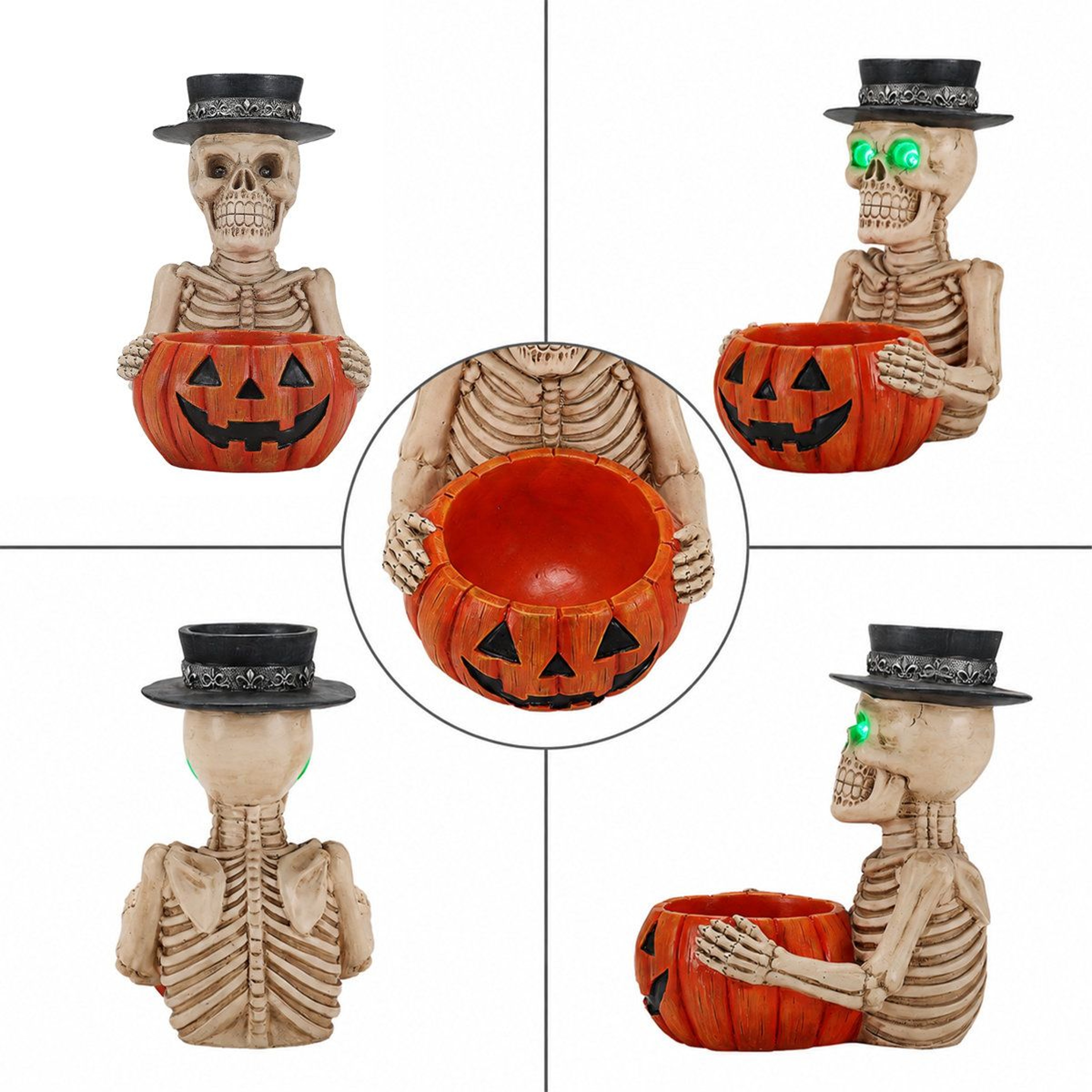 Lighted Skeleton Halloween Tabletop Decor With Green LED Eyes And Candy Bowl 2