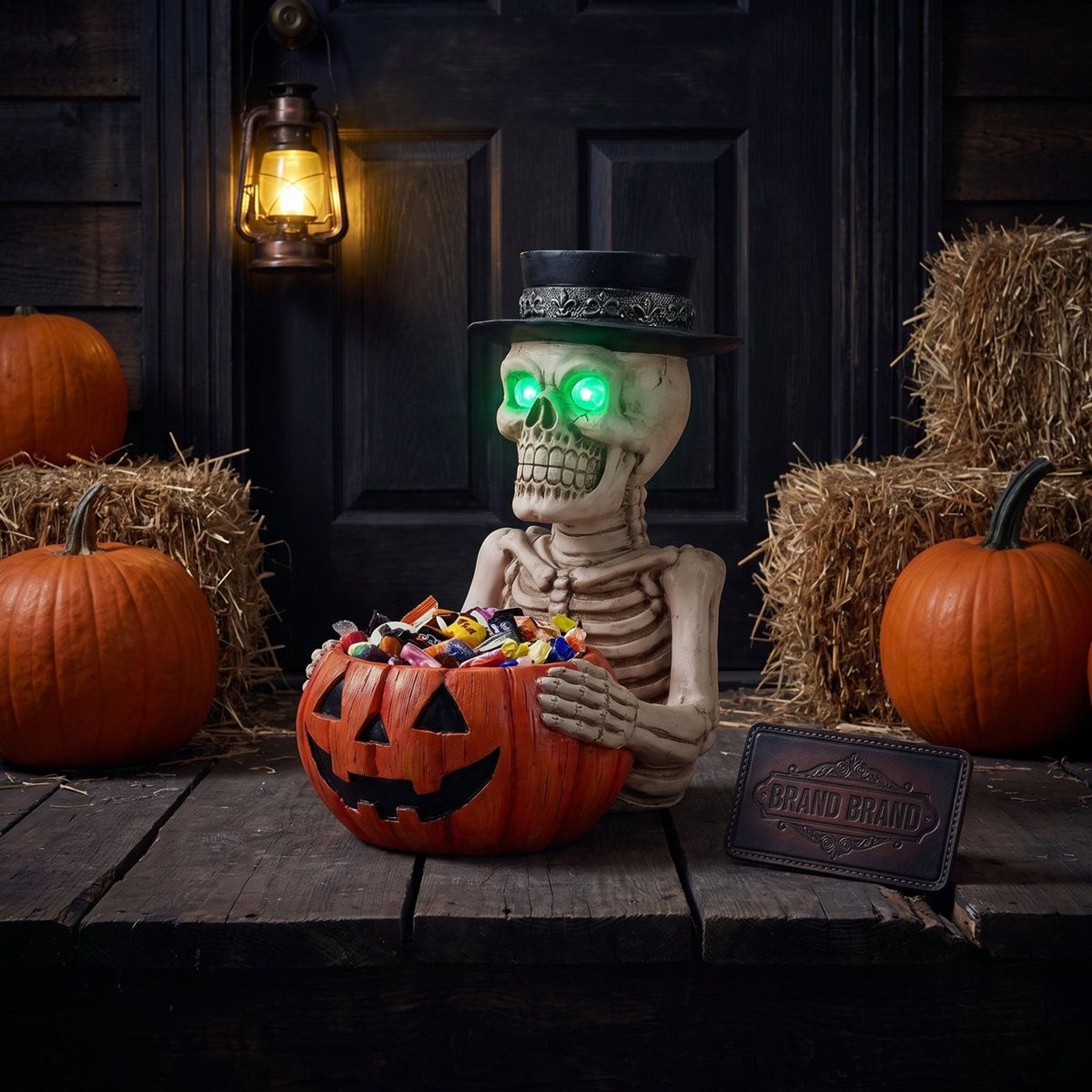 Lighted Skeleton Halloween Tabletop Decor With Green LED Eyes And Candy Bowl 7