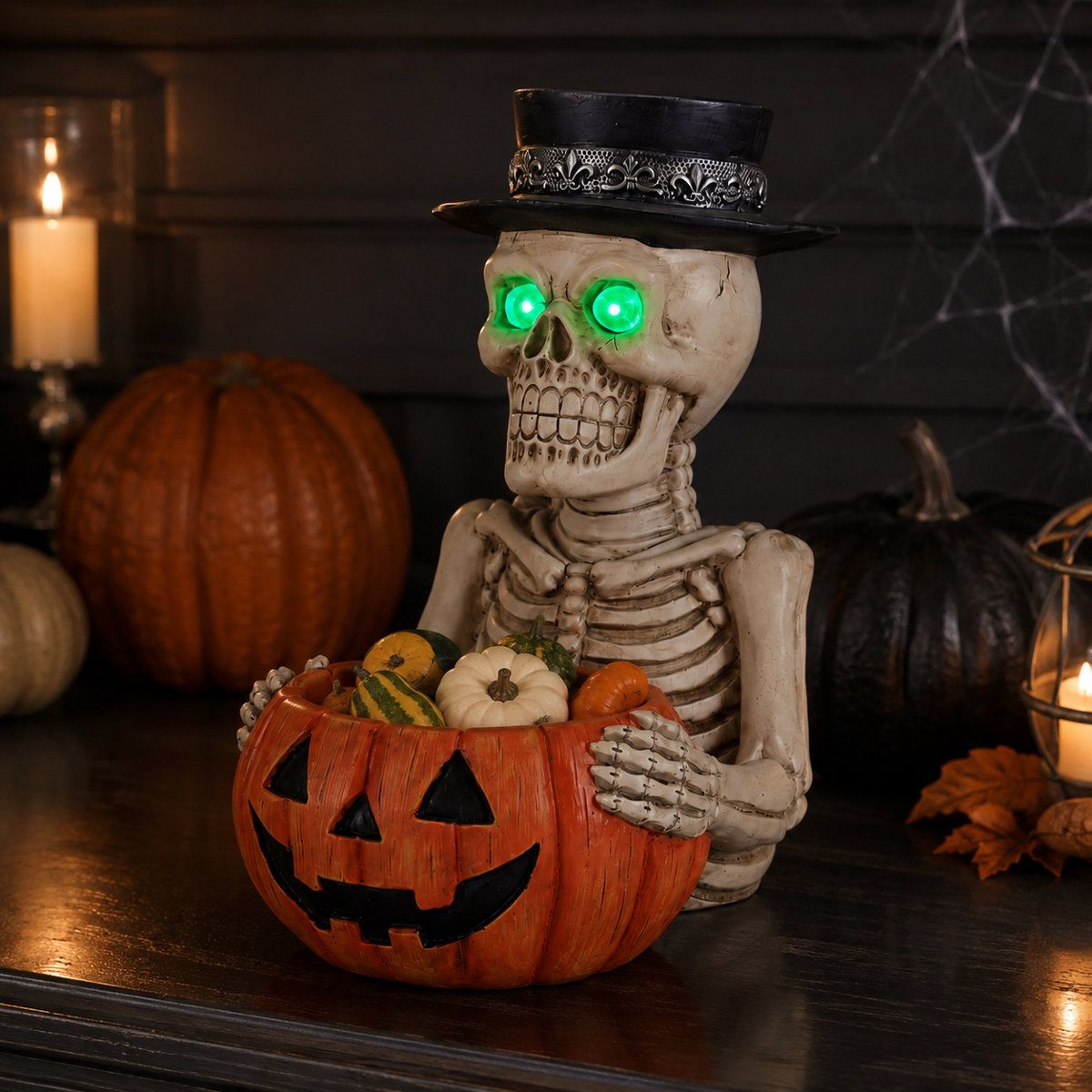 Lighted Skeleton Halloween Tabletop Decor With Green LED Eyes And Candy Bowl 0