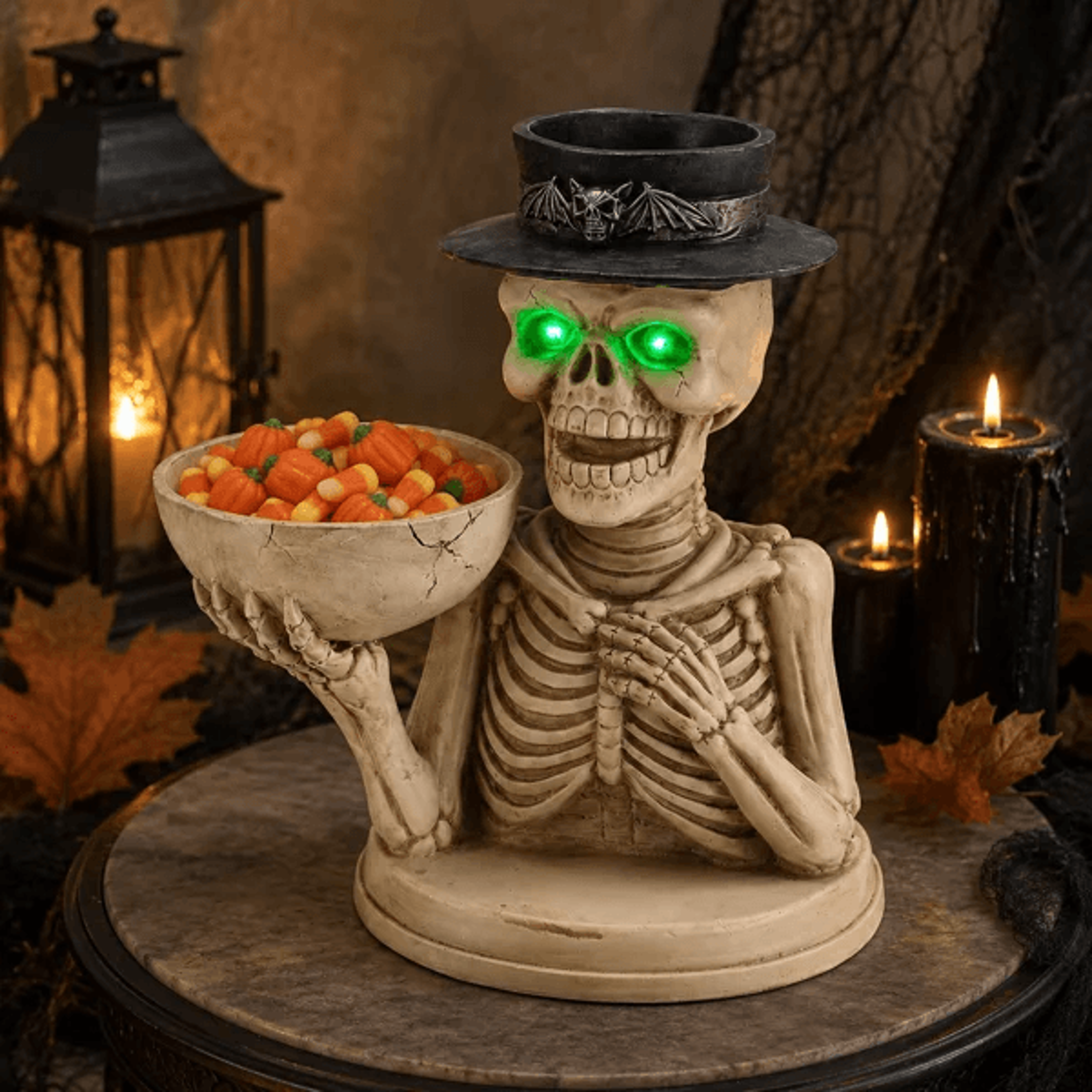 Lighted Skeleton Halloween Tabletop Decor With Green LED Eyes And Candy Bowl 11