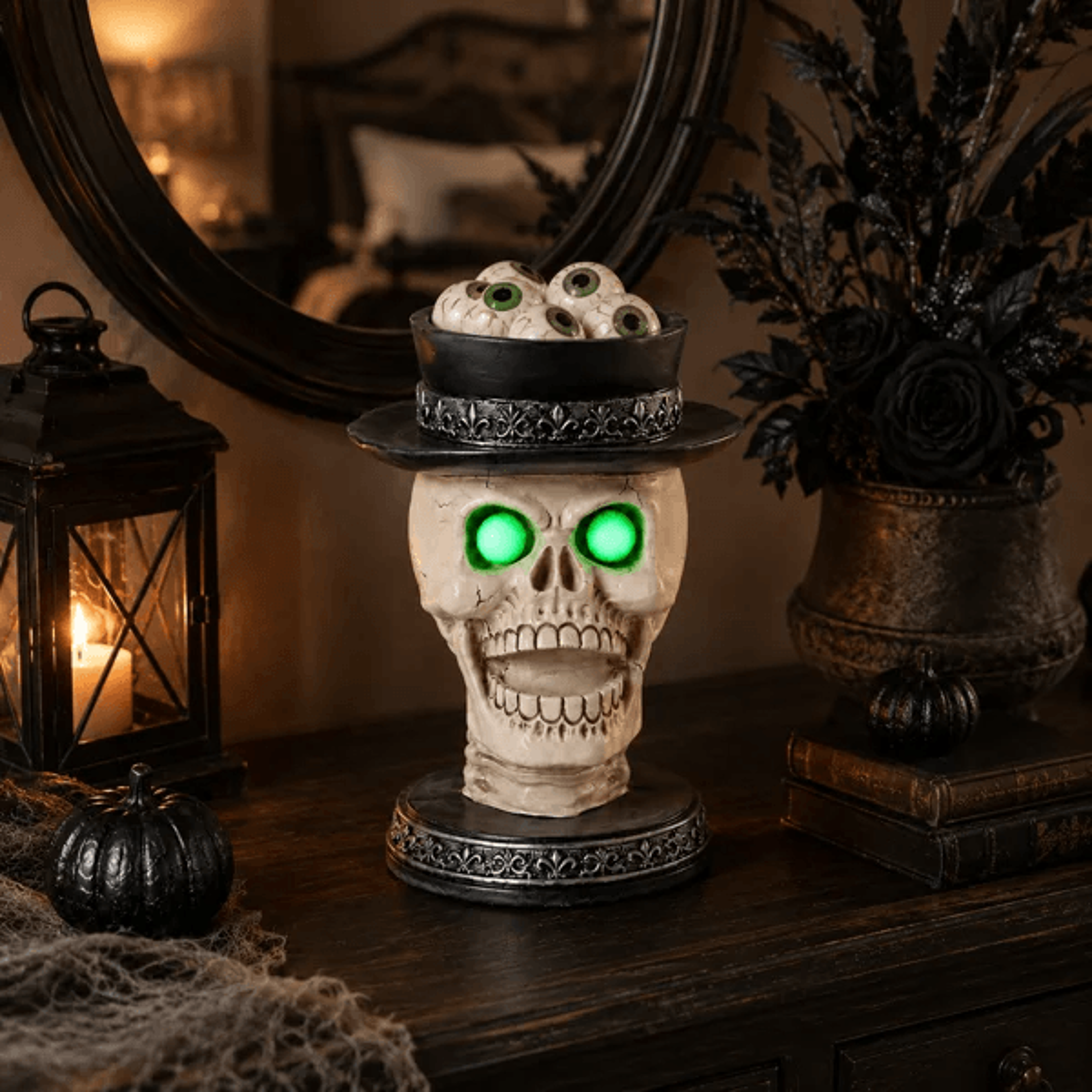 Lighted Skeleton Halloween Tabletop Decor With Green LED Eyes And Candy Bowl 9