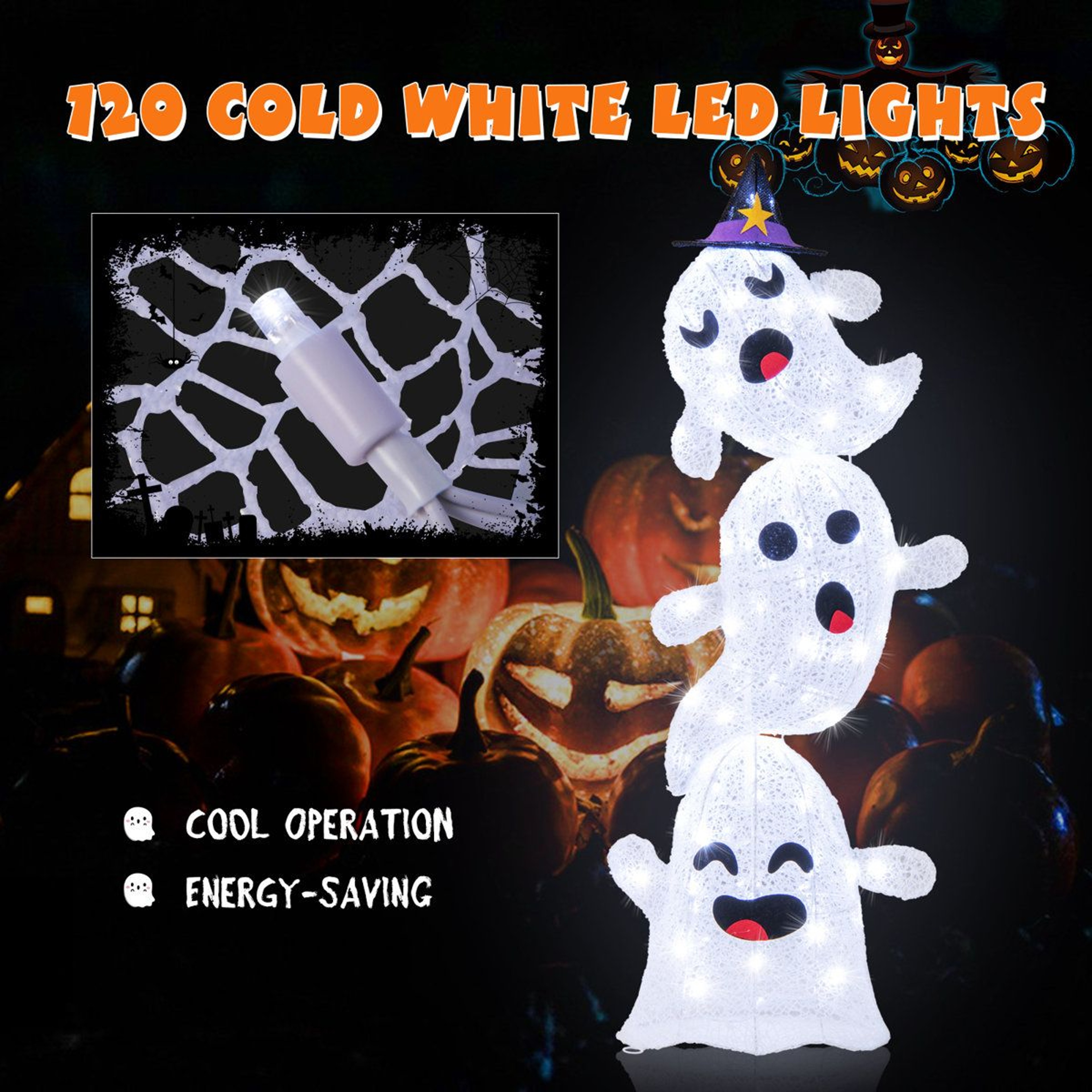 Outdoor Halloween Stacked Ghost Decoration With LED Lights 1
