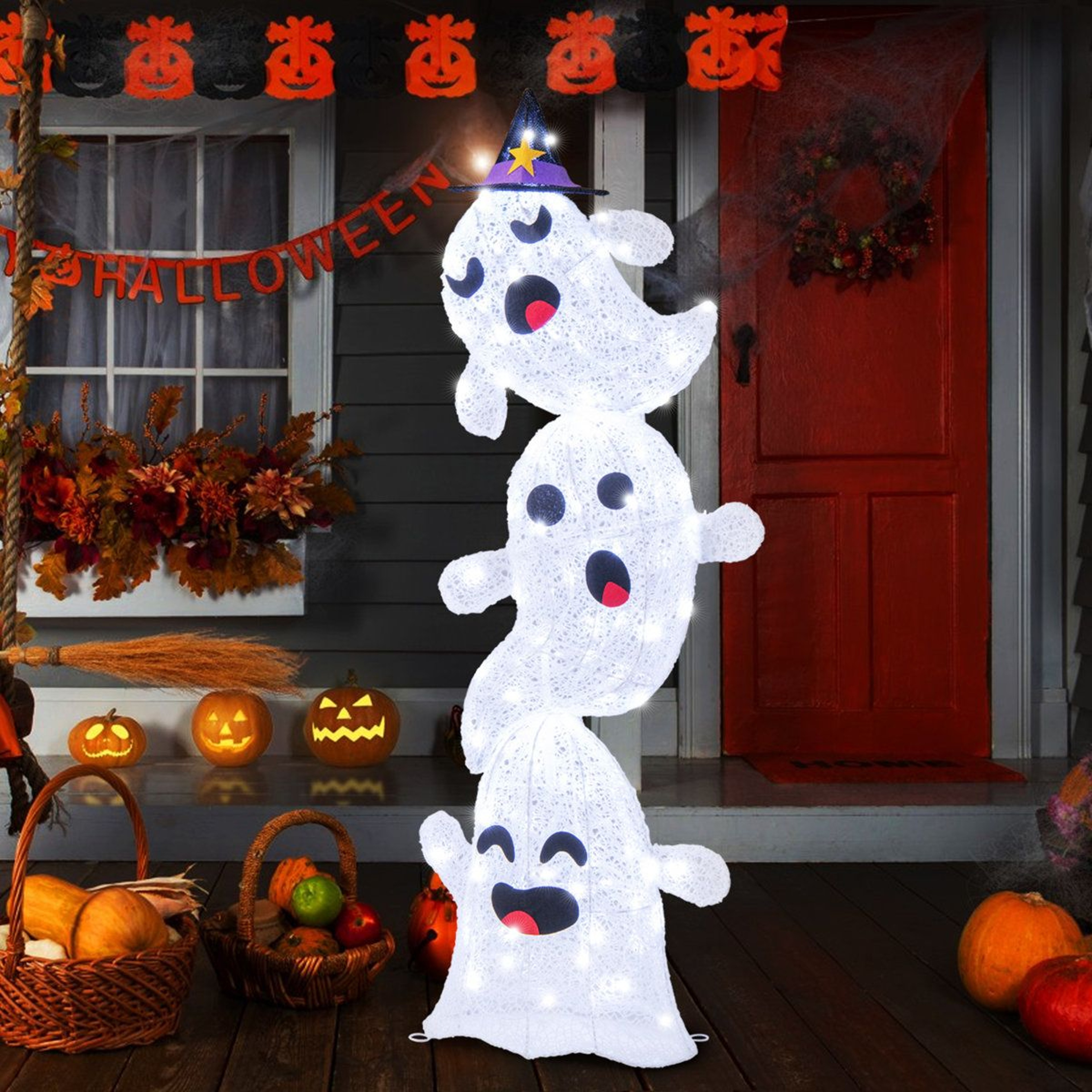 Outdoor Halloween Stacked Ghost Decoration With LED Lights 6