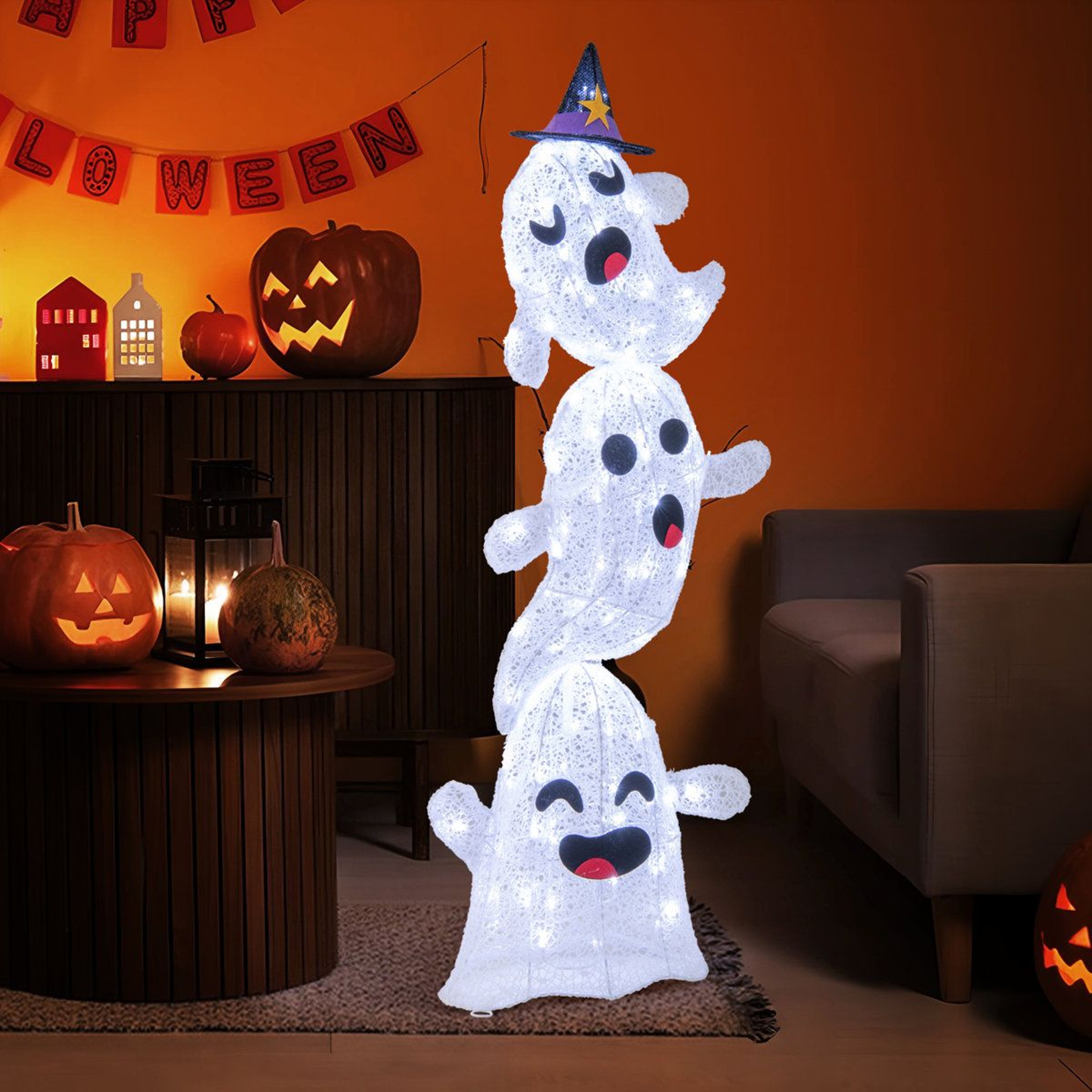 Outdoor Halloween Stacked Ghost Decoration With LED Lights 8