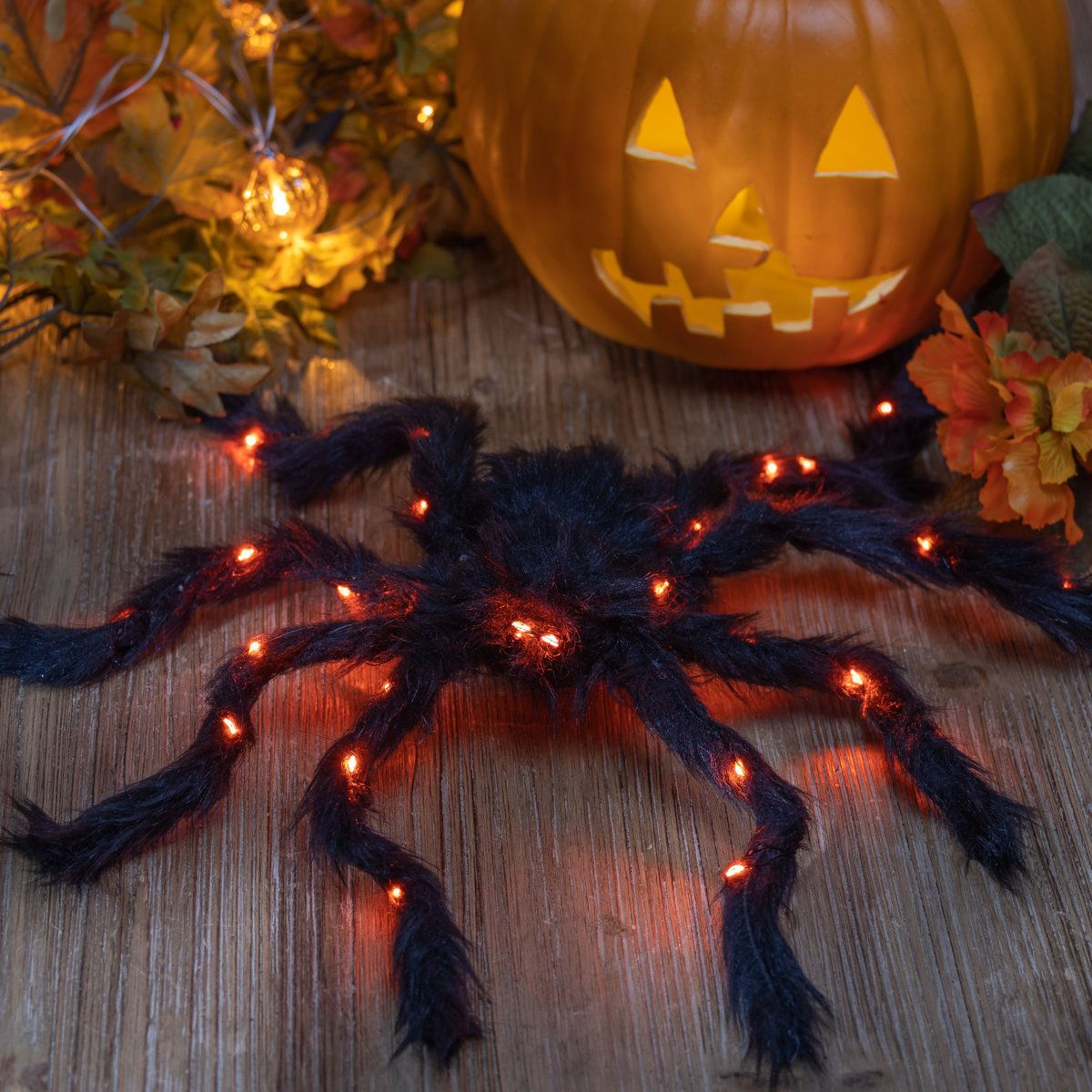 Lighted Fuzzy Halloween Spider Decorations With Bendable Legs Set Of 2 5