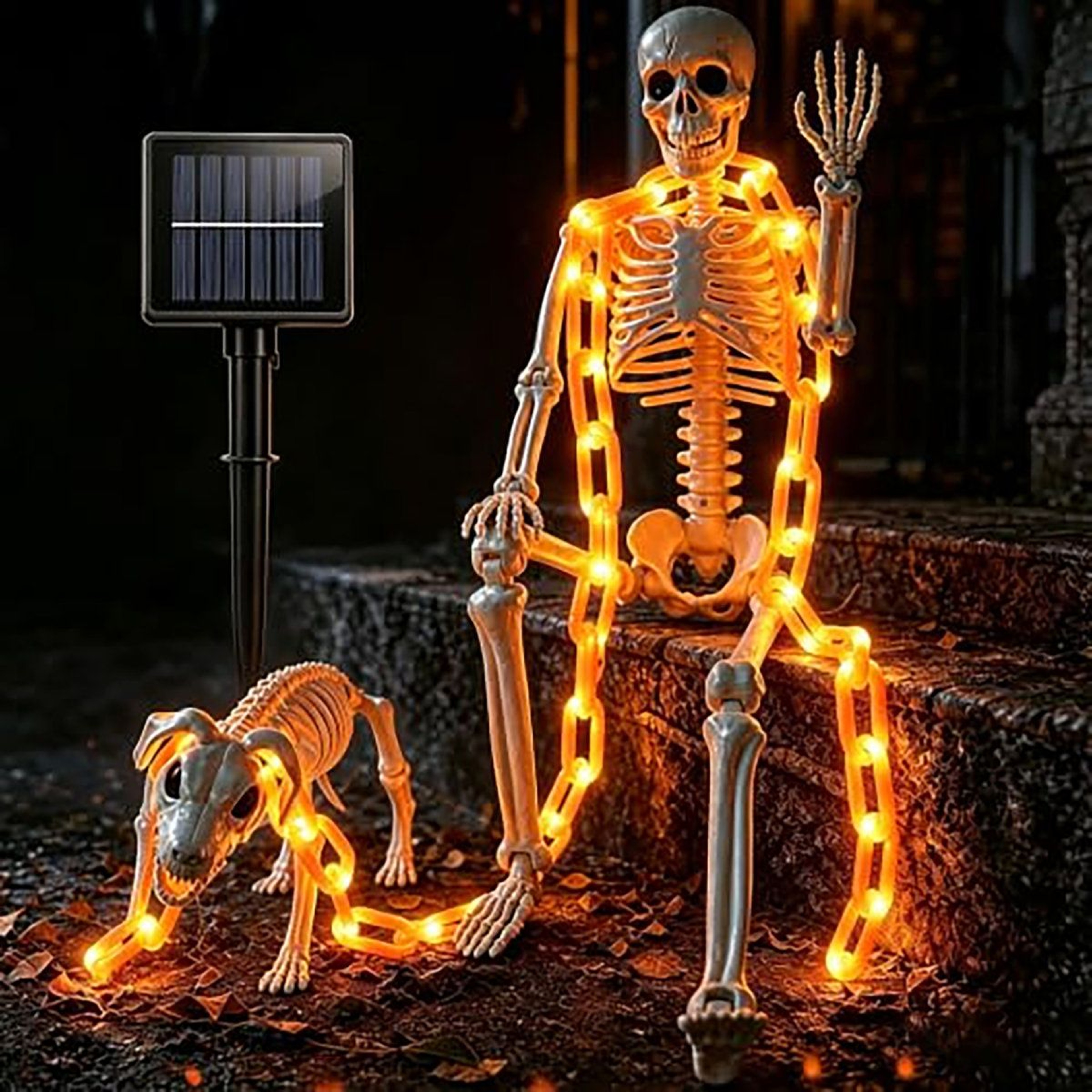 Halloween Skeleton And Dog Skeleton Set With Solar Light Up Chain 6
