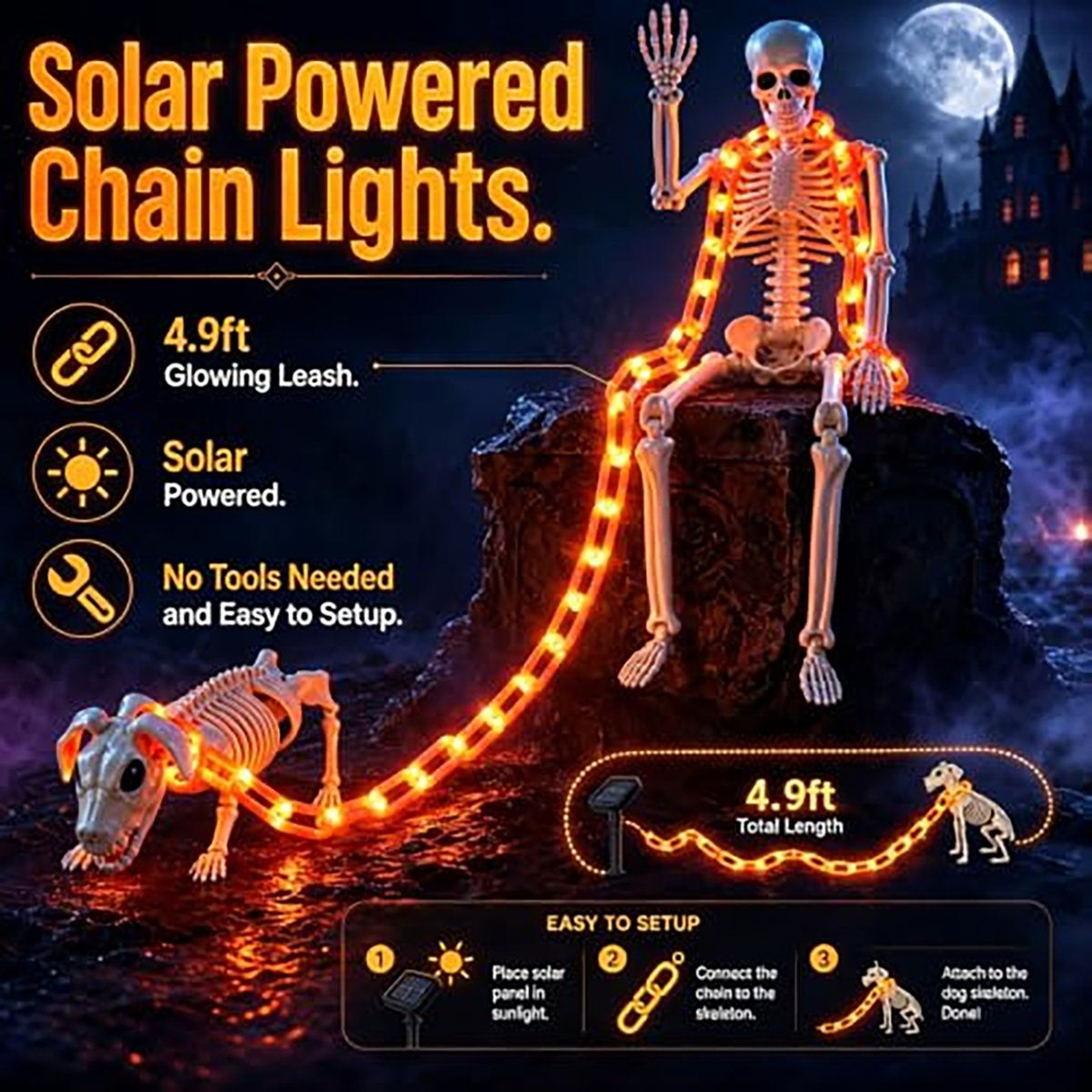 Halloween Skeleton And Dog Skeleton Set With Solar Light Up Chain 1