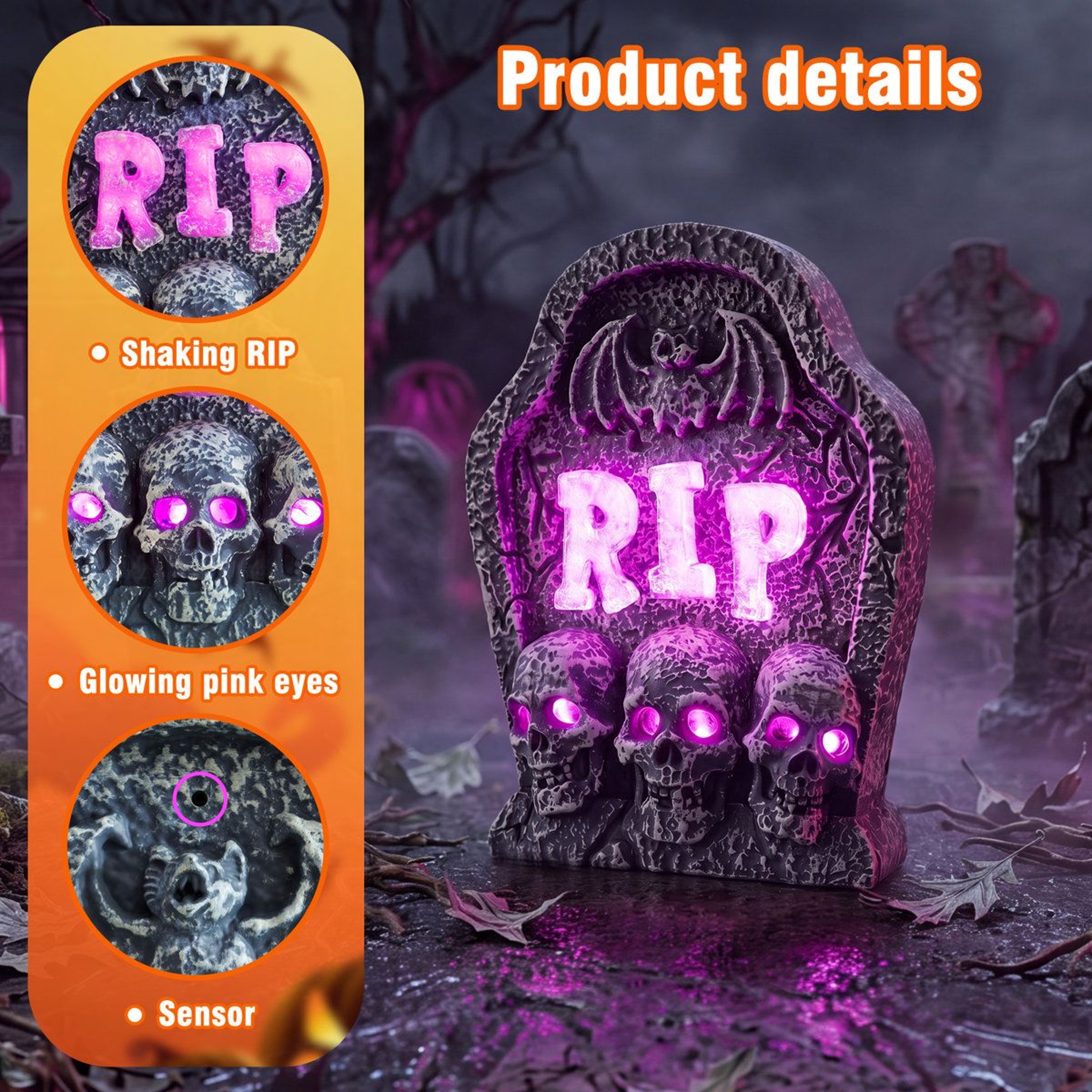 Halloween RIP Tombstone Decoration With Purple LED Light For Indoor Display 4