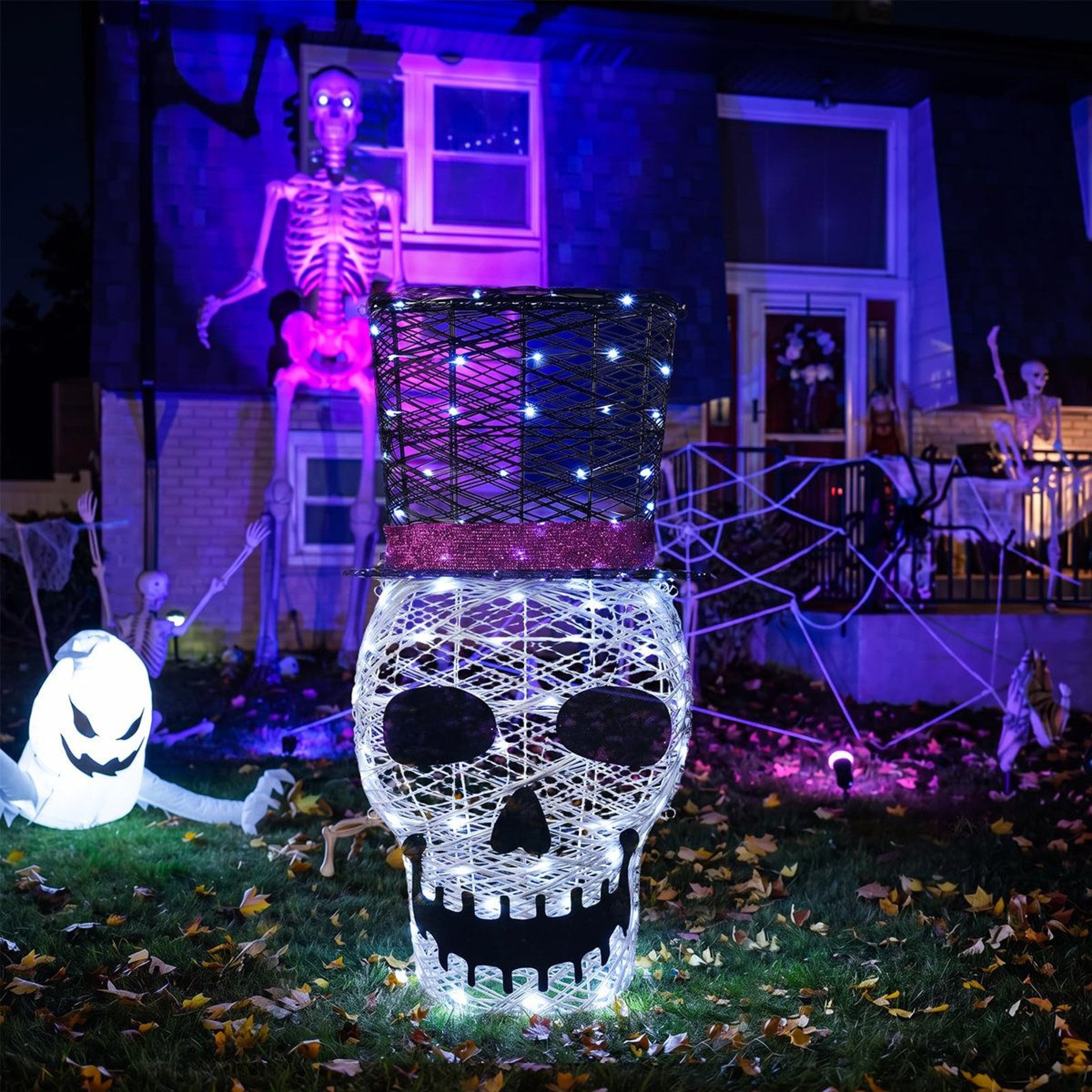 Lighted Halloween Skull Decoration With 100 LED Lights And Top Hat 4