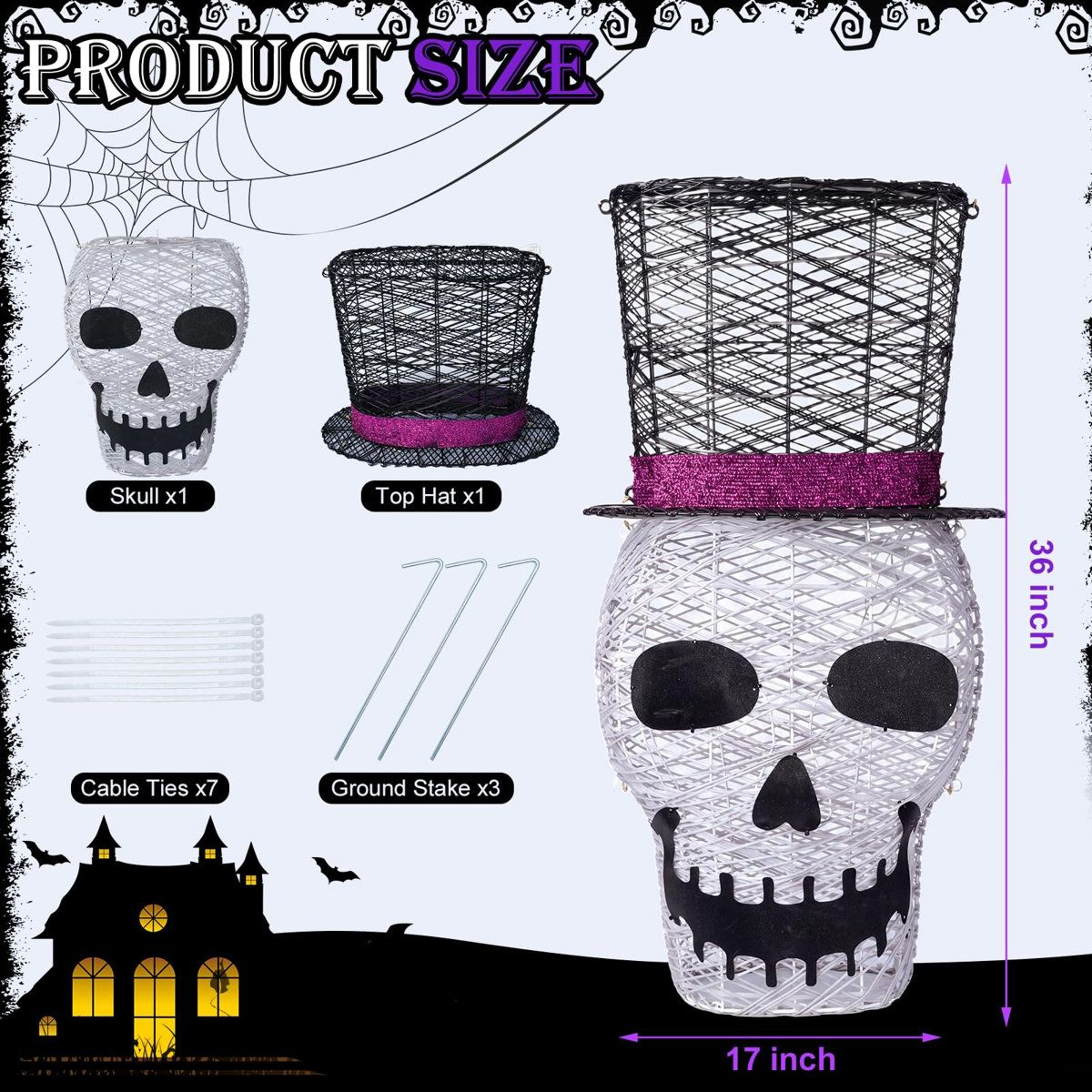 Lighted Halloween Skull Decoration With 100 LED Lights And Top Hat 3