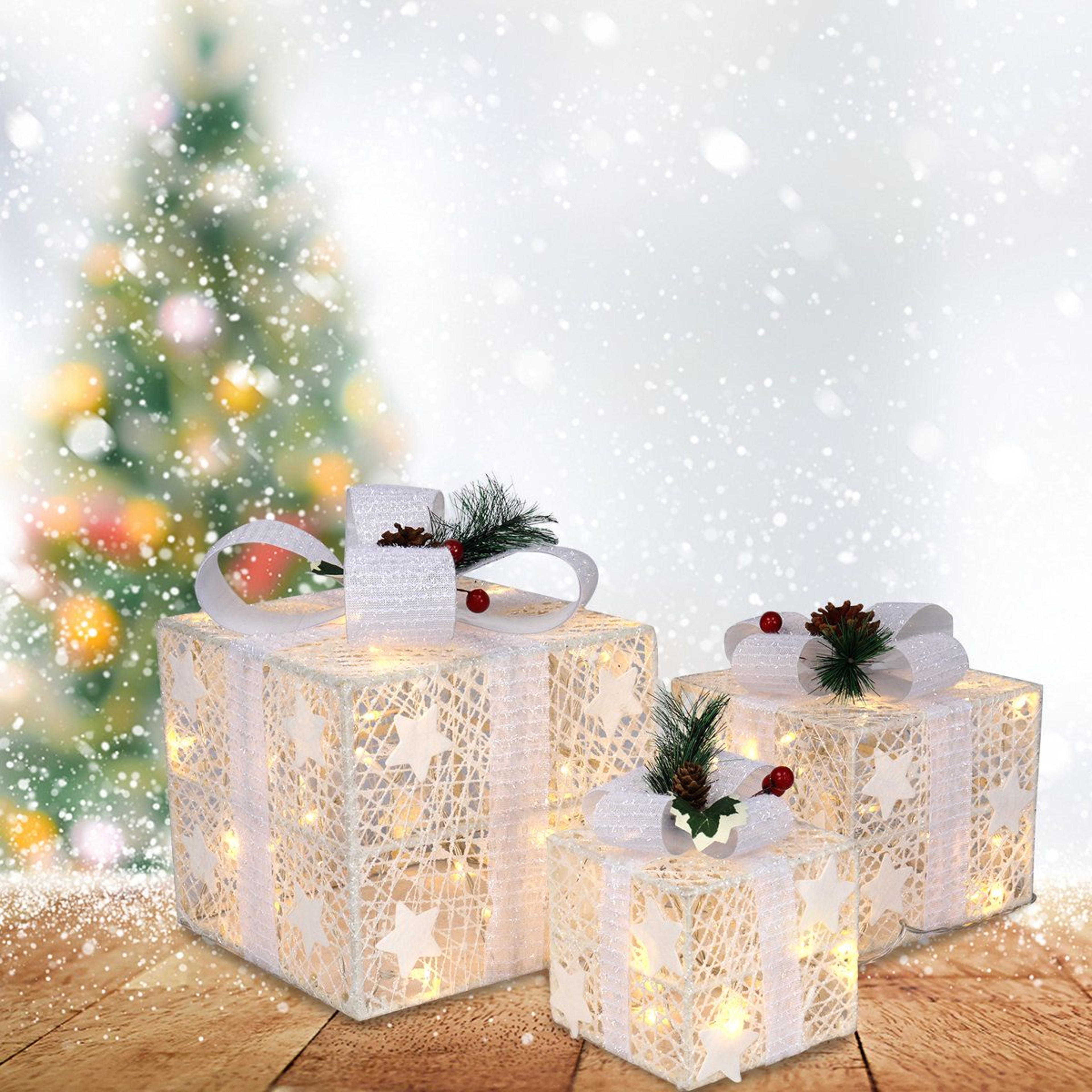 LED Lighted Christmas Gift Boxes Set Of 3 With Battery Powered Lights 7