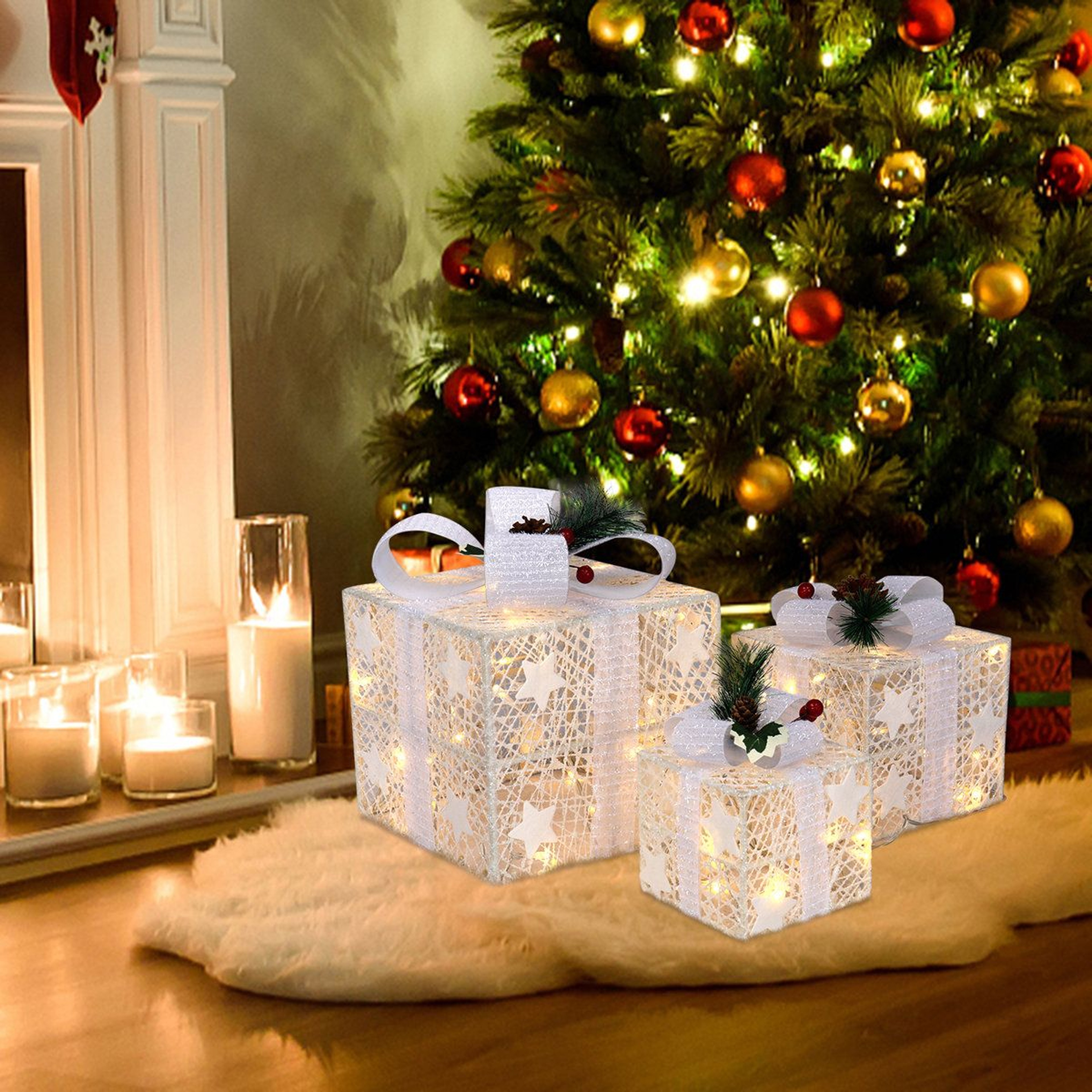 LED Lighted Christmas Gift Boxes Set Of 3 With Battery Powered Lights 0