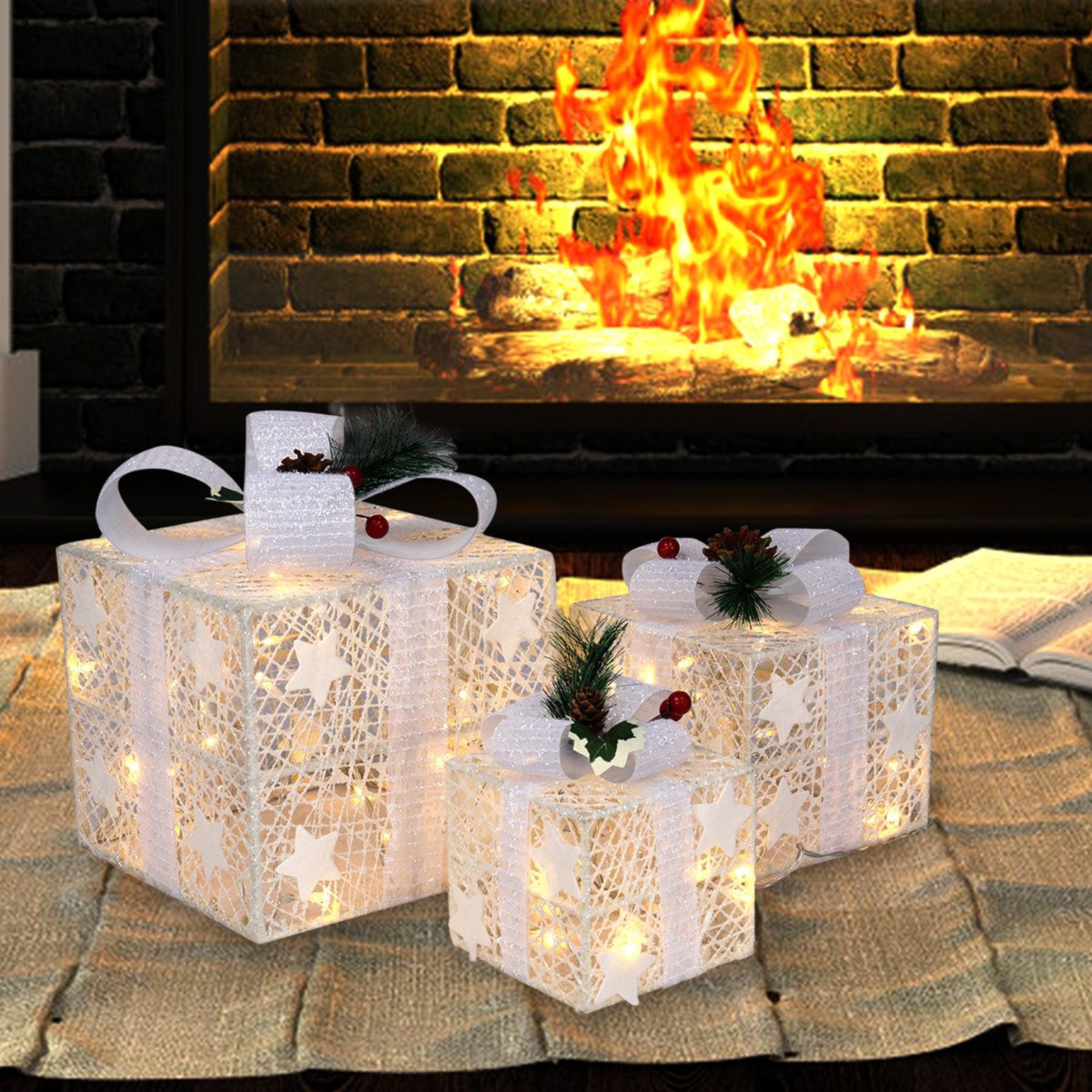 LED Lighted Christmas Gift Boxes Set Of 3 With Battery Powered Lights 2