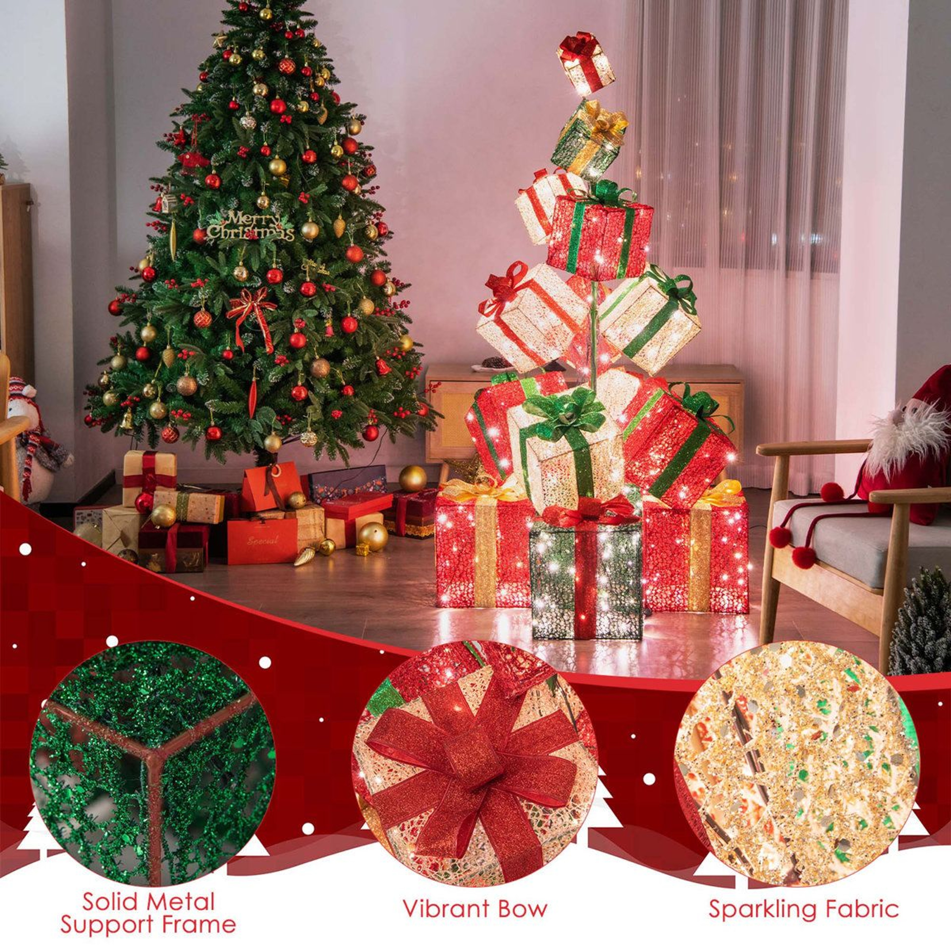 15 Piece Lighted Christmas Gift Box Tower With 450 Warm White LED Lights 1